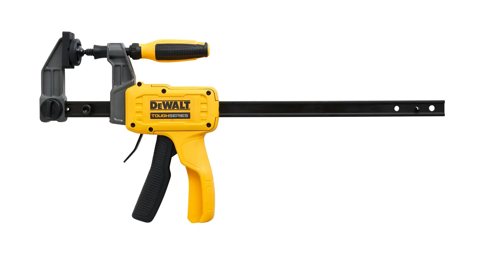 A DEWALT ToughSeries bar clamp with a yellow and black handle, featuring a trigger mechanism and adjustable jaw for securing materials.