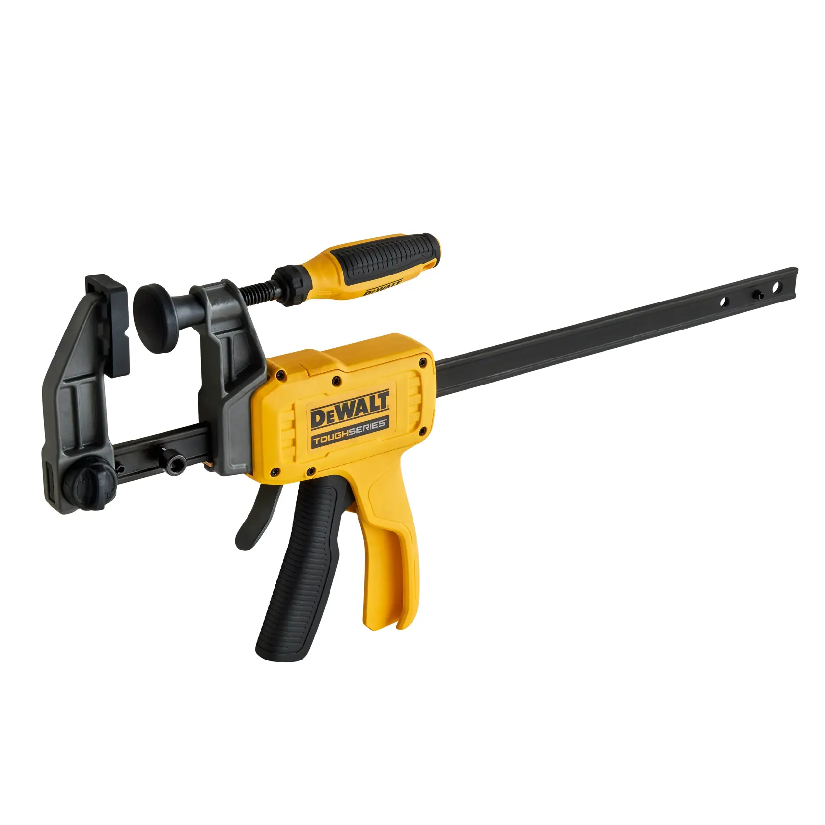A DEWALT trigger clamp with a yellow and black handle, used for securing workpieces in woodworking or construction projects.
