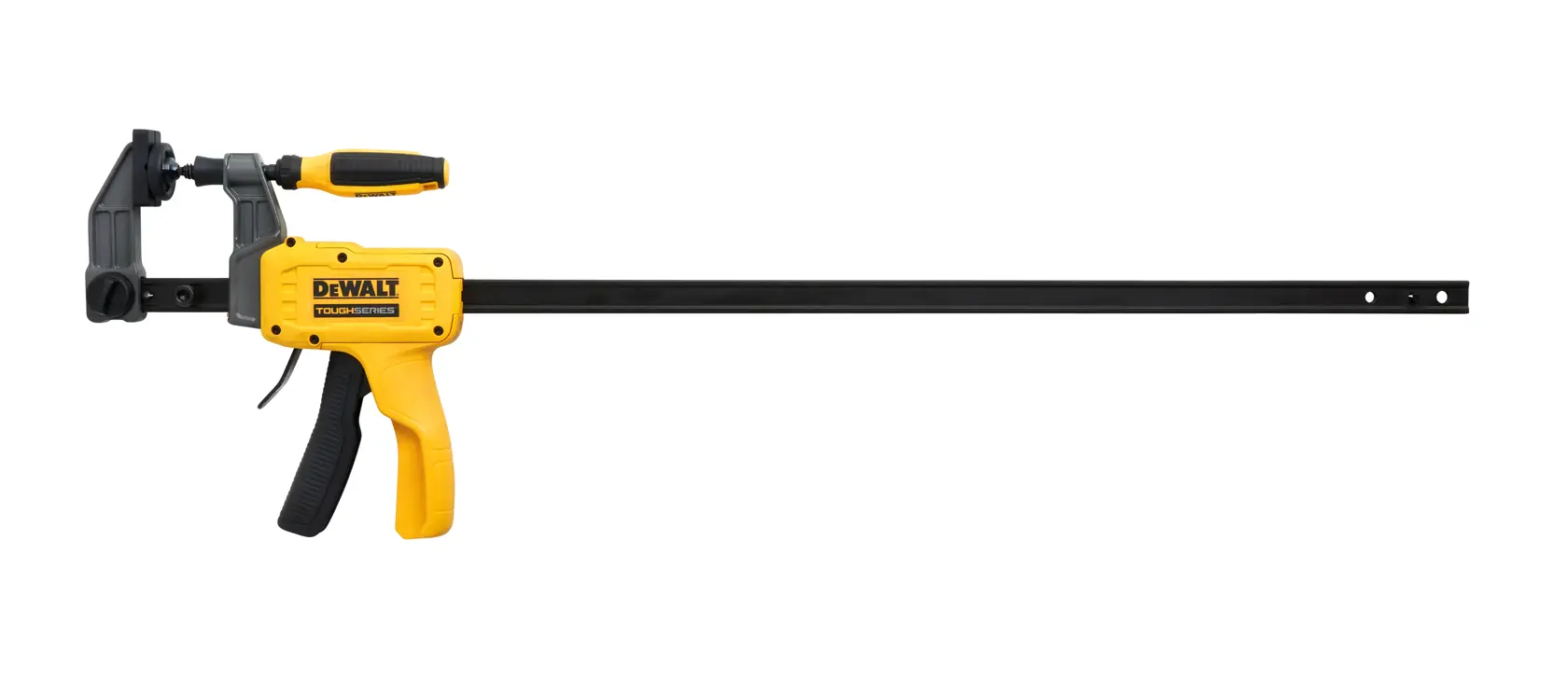 A DEWALT branded trigger clamp with a yellow and black handle, featuring a long black metal bar for woodworking and construction applications.