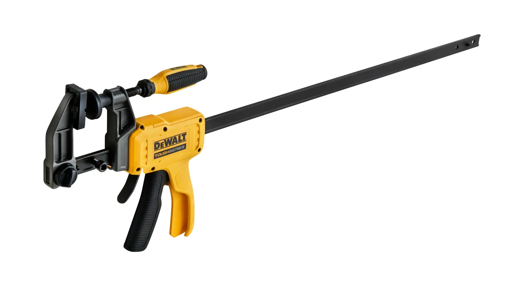 A DEWALT bar clamp with yellow and black handle, designed for woodworking and construction.