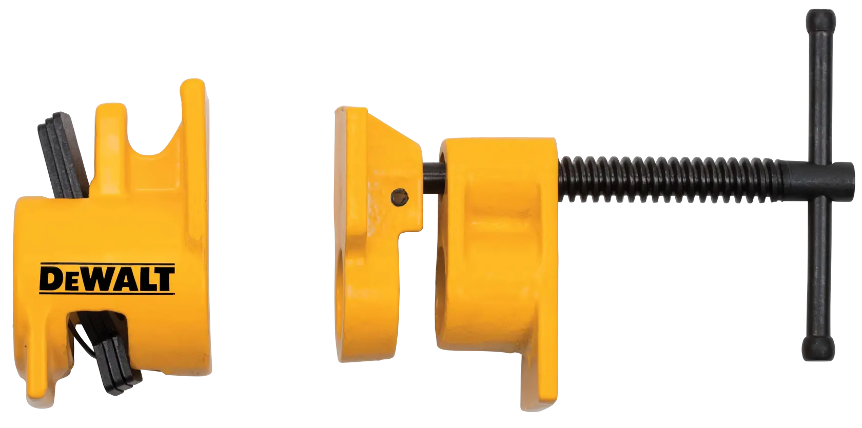 A DEWALT-branded yellow pipe clamp fixture set, including two separate metal components, one with a screw handle for tightening. The product is used for woodworking and pipe clamping tasks.