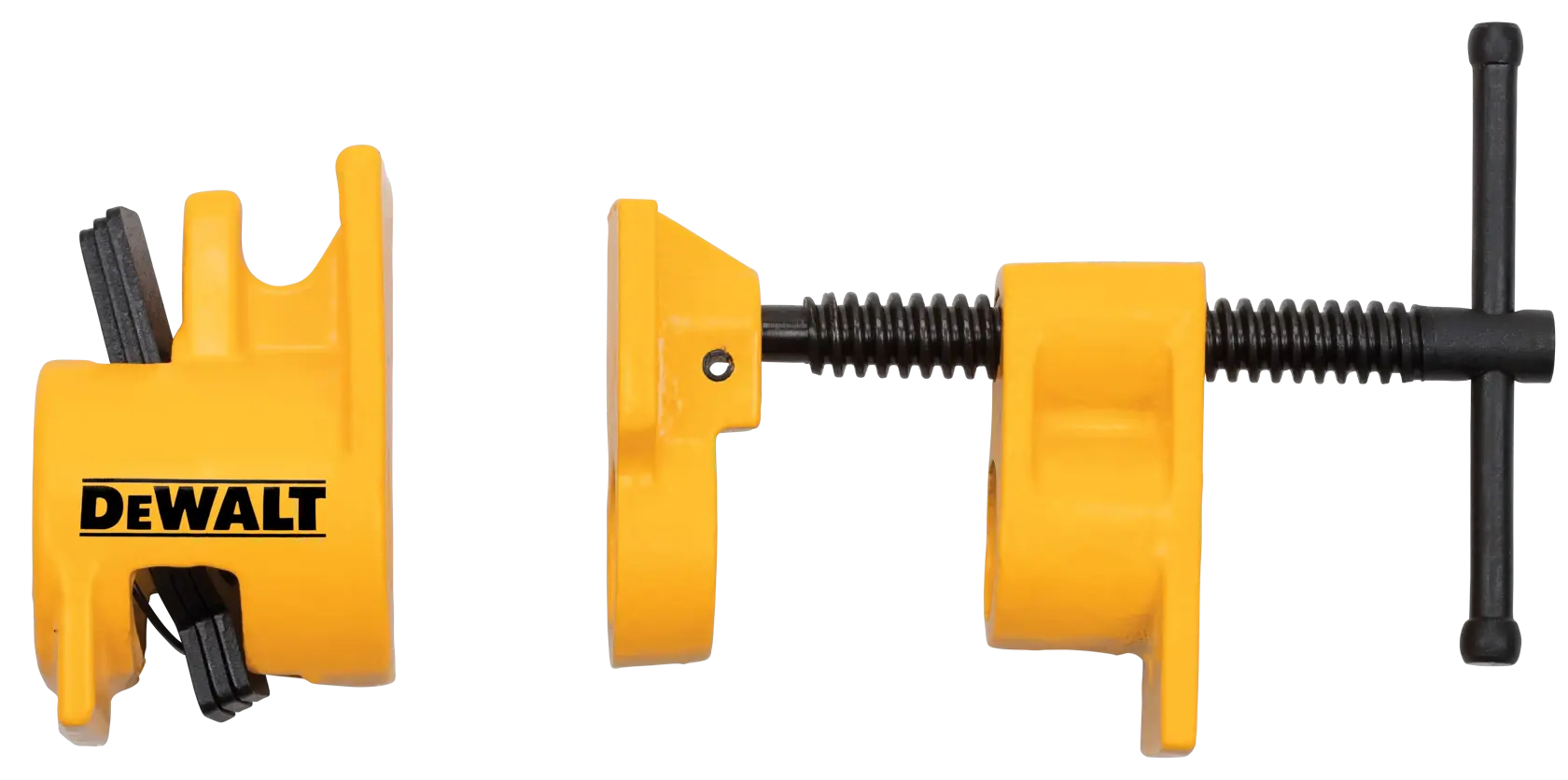 A pair of yellow DEWALT pipe clamp fixtures are shown, including a screw clamp and a mounting fixture for woodworking and construction use.