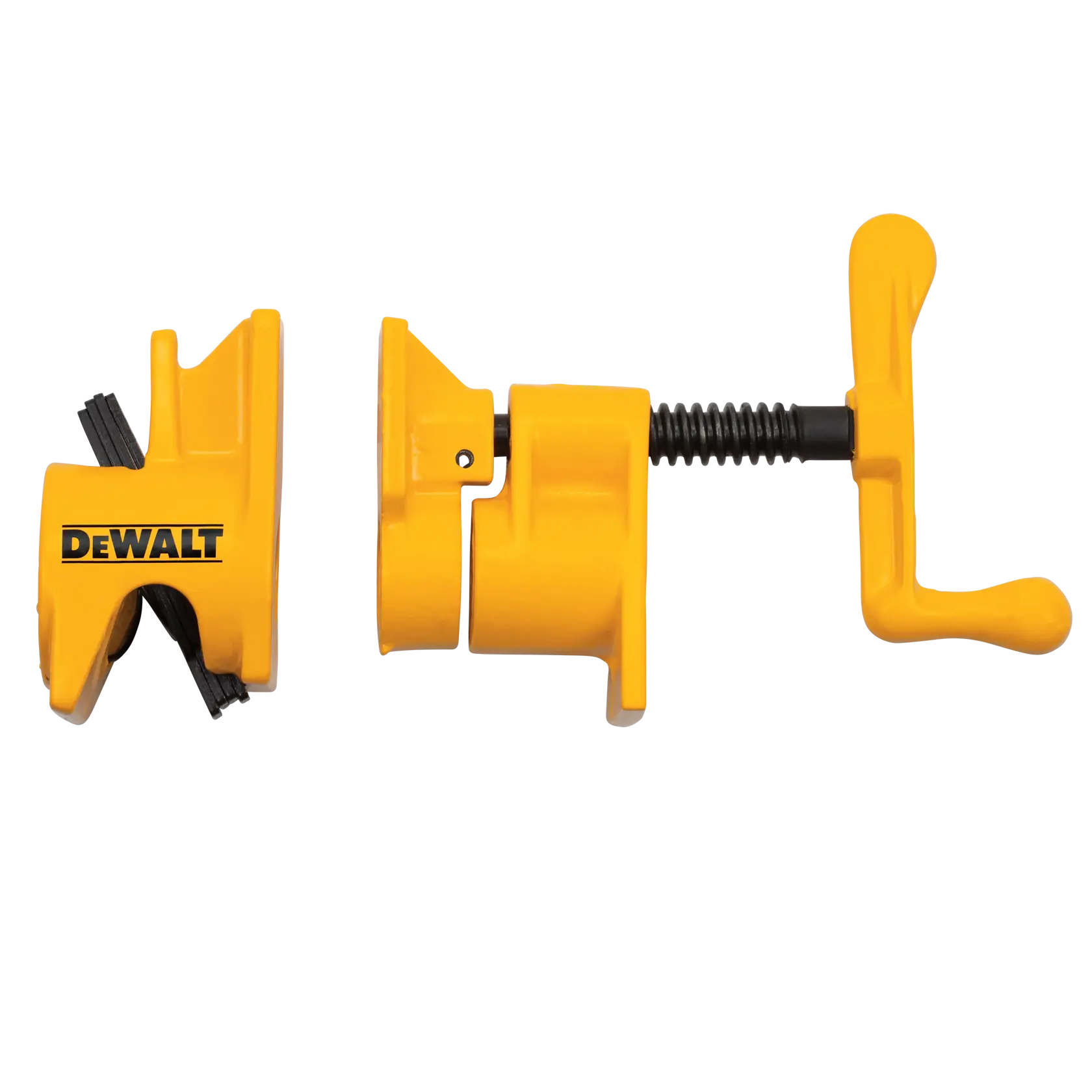 DEWALT yellow pipe clamp set, two parts, used for woodworking and securing pipes.