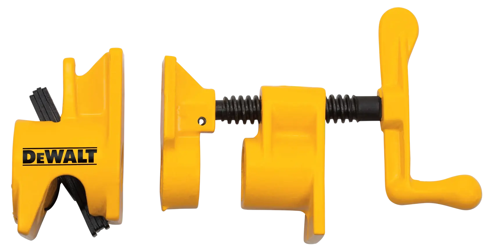 A yellow DEWALT pipe clamp fixture with a screw handle and jaw components, used for woodworking and clamping tasks.