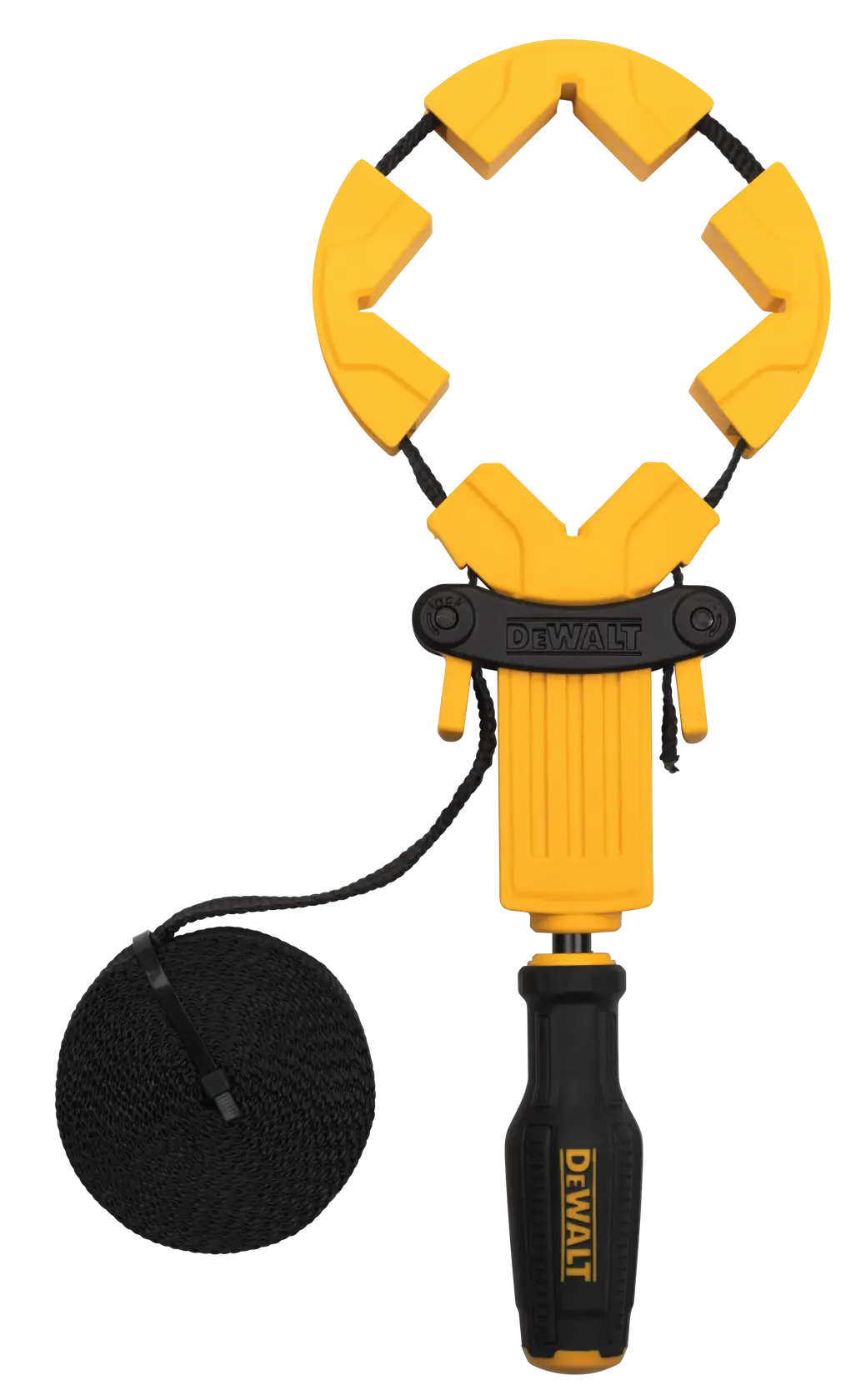 A DEWALT photography tool with a yellow clamp, black handle, and a long black cord coiled beside it. The clamp has padded corners and the DEWALT logo is visible on the handle.