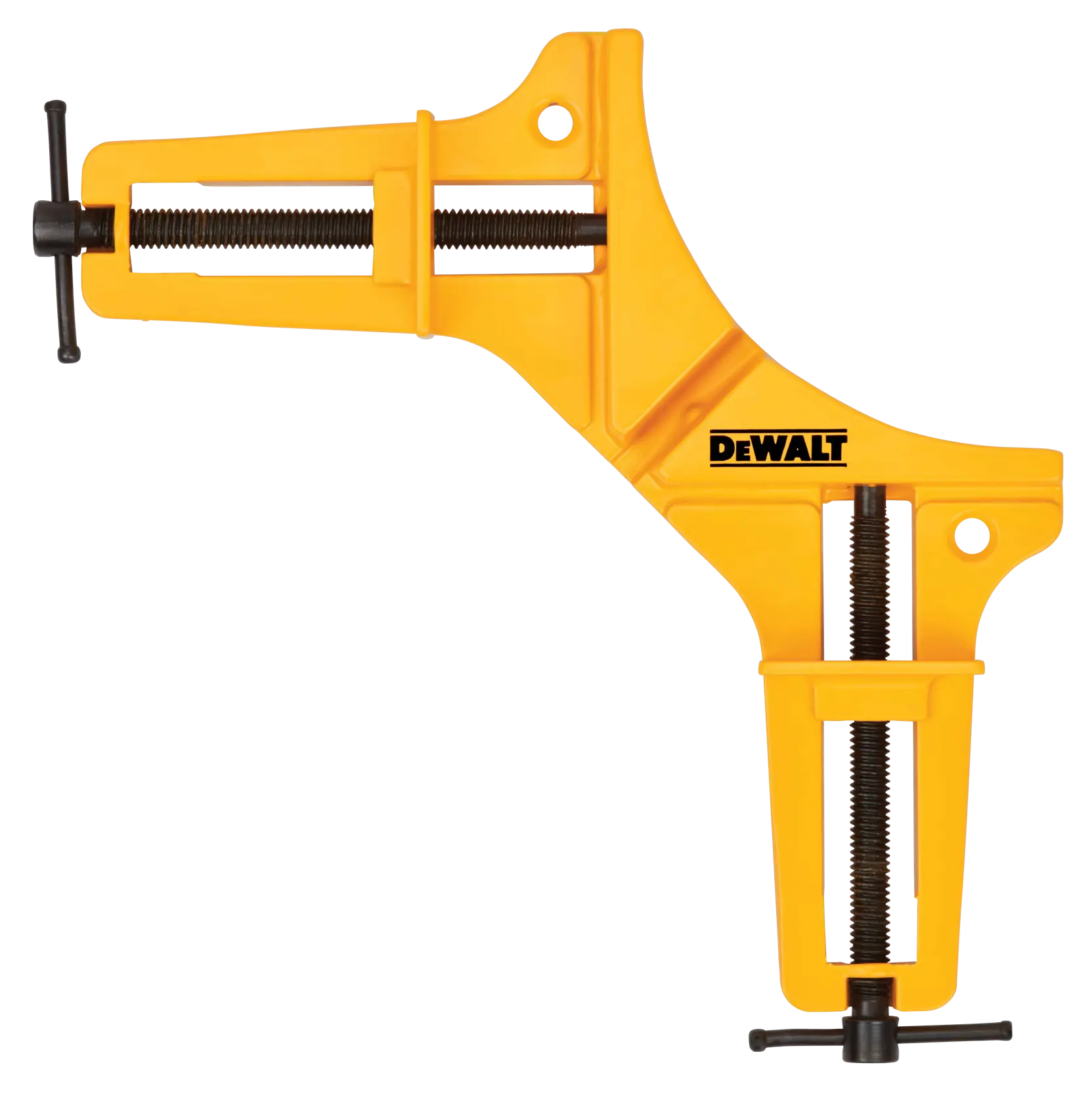 A yellow DEWALT corner clamp, used for holding two materials at a 90-degree angle. The clamp has two black threaded screws with handles for tightening and securing the materials, and features the DEWALT logo.
