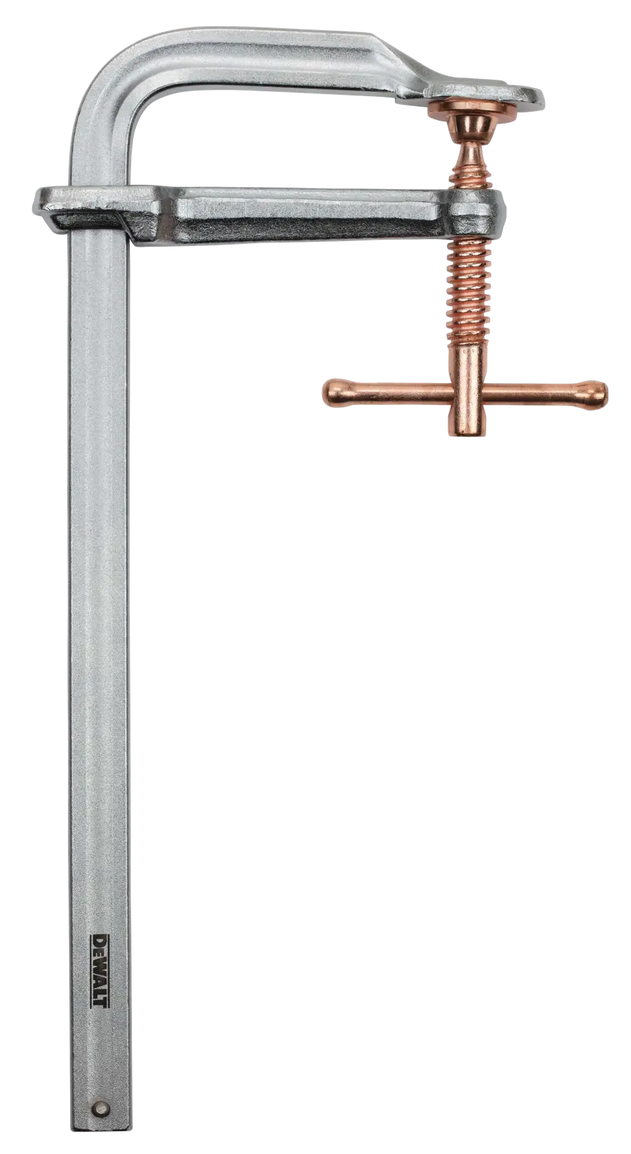 A DEWALT F-clamp with a metallic silver frame and a copper-colored screw handle, used for securing materials in woodworking or metalworking tasks.