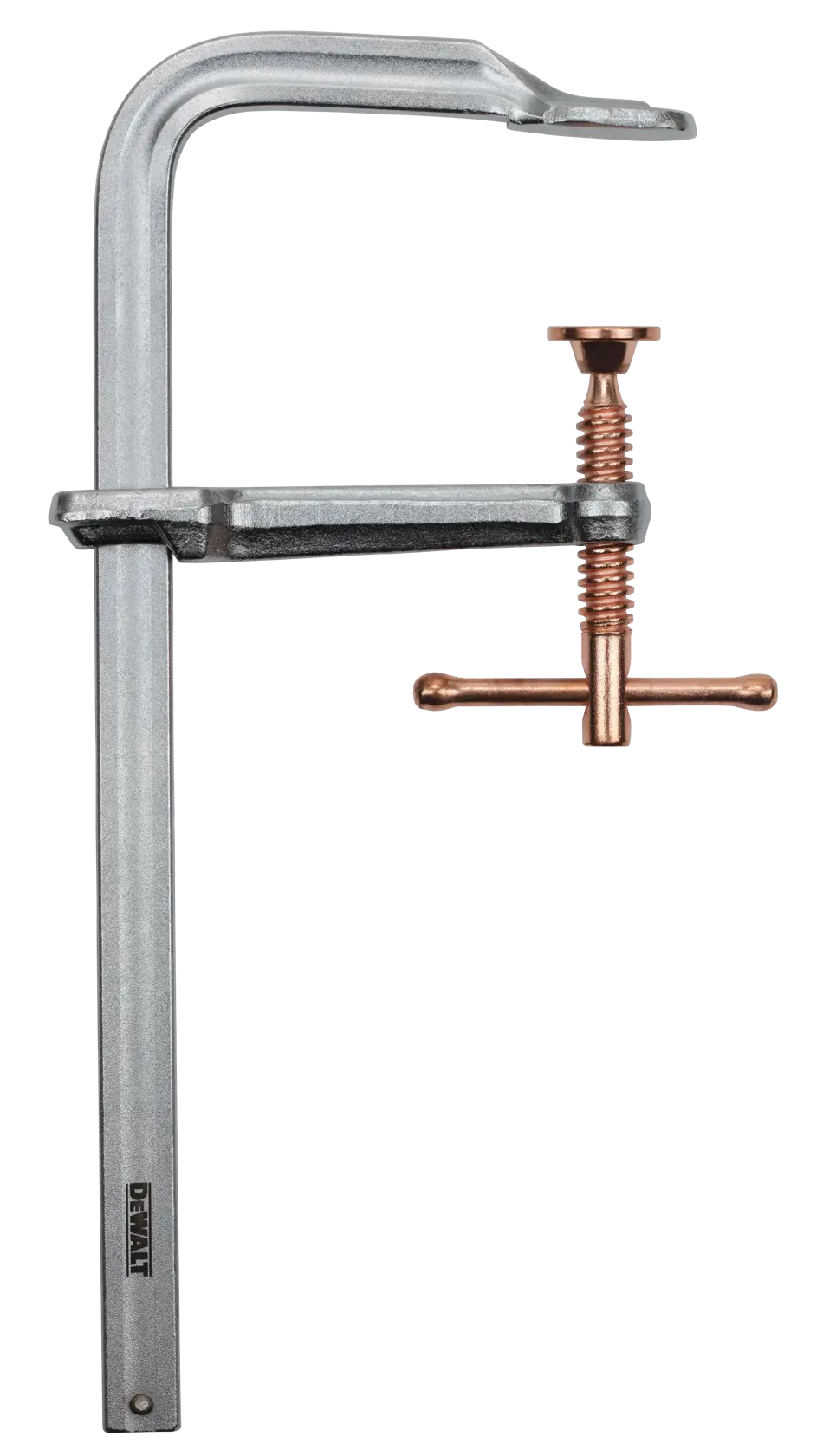 A DEWALT metal F clamp with a silver frame and copper screw handle, used for securing or holding objects tightly together.