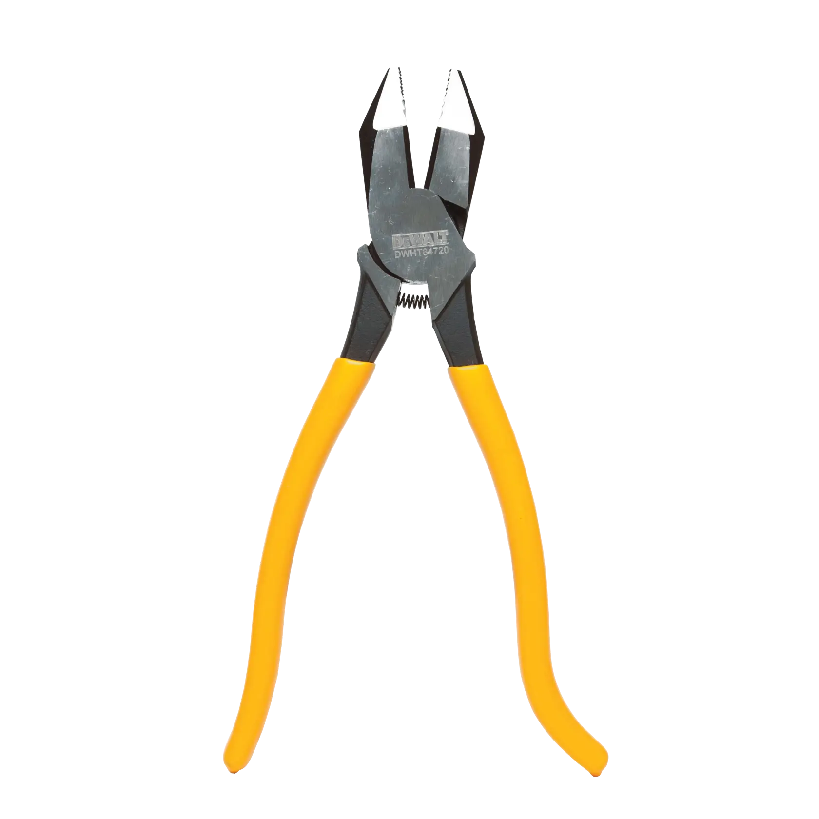 A pair of DEWALT DWHT84720 lineman's pliers with yellow handles, designed for gripping and cutting wires, shown on a white background.
