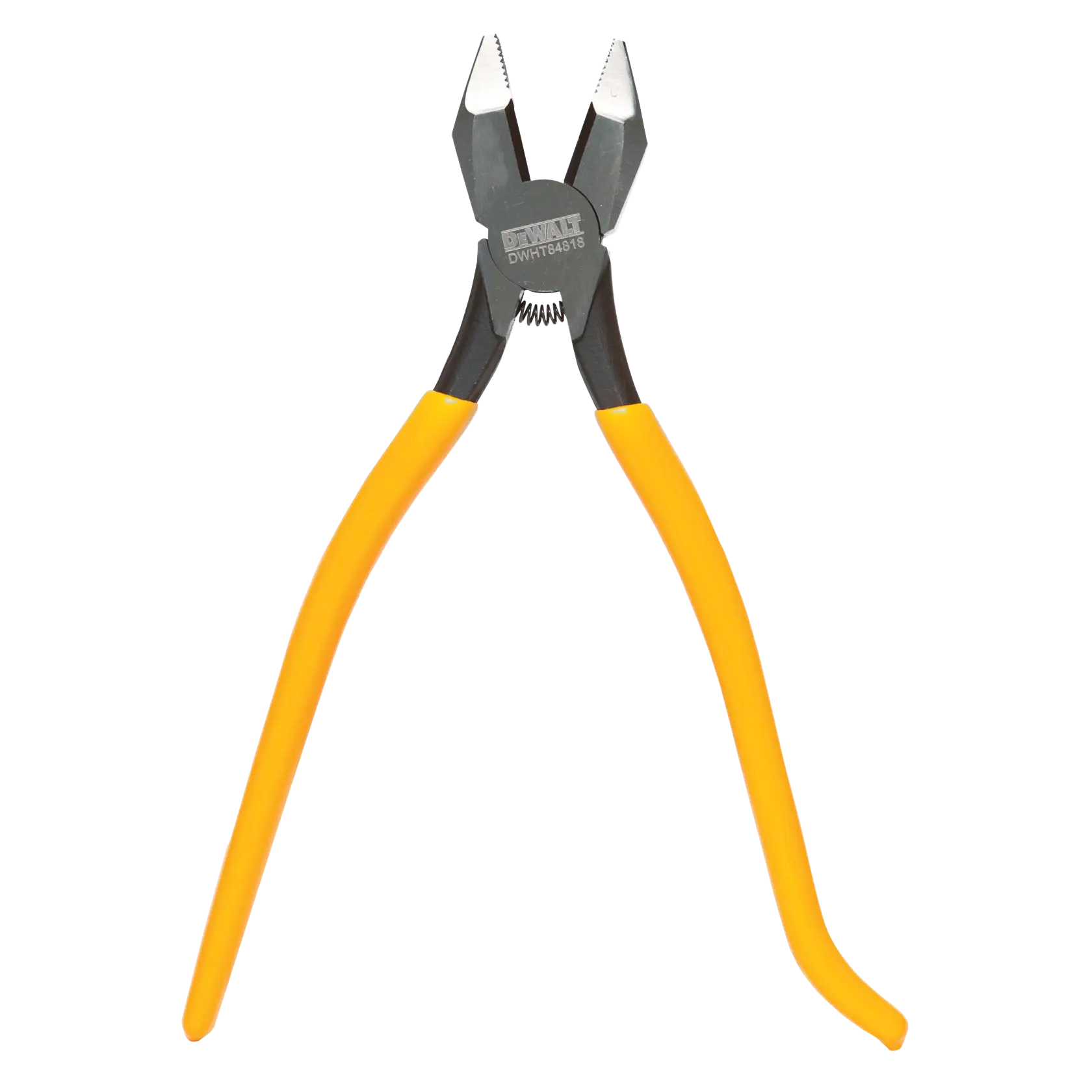 A pair of DEWALT pliers with yellow handles, model DWHT84818, shown on a white background.