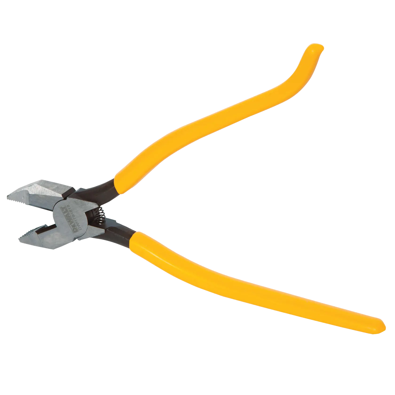 A pair of DEWALT fencing pliers with yellow handles, featuring a spring-loaded joint and multi-functional metal jaws.