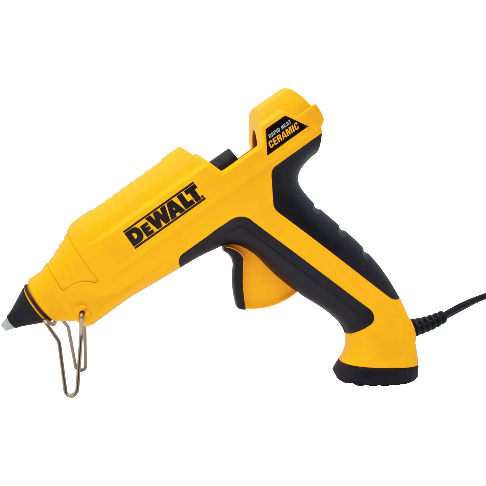 A Dewalt branded yellow and black electric glue gun with a ceramic rapid heat feature, shown with a stand and attached power cord.