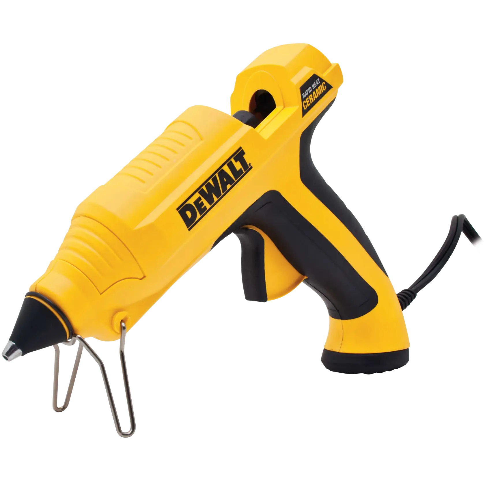 A yellow and black DEWALT ceramic high heat glue gun with a stand and power cord.