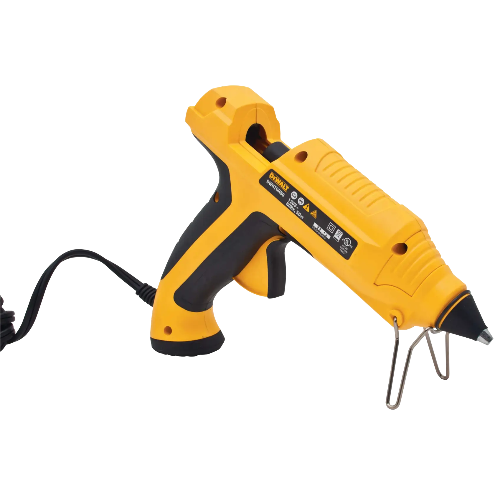 A DEWALT electric hot glue gun with a yellow and black design, shown with a cord and a metal stand attached to the nozzle.