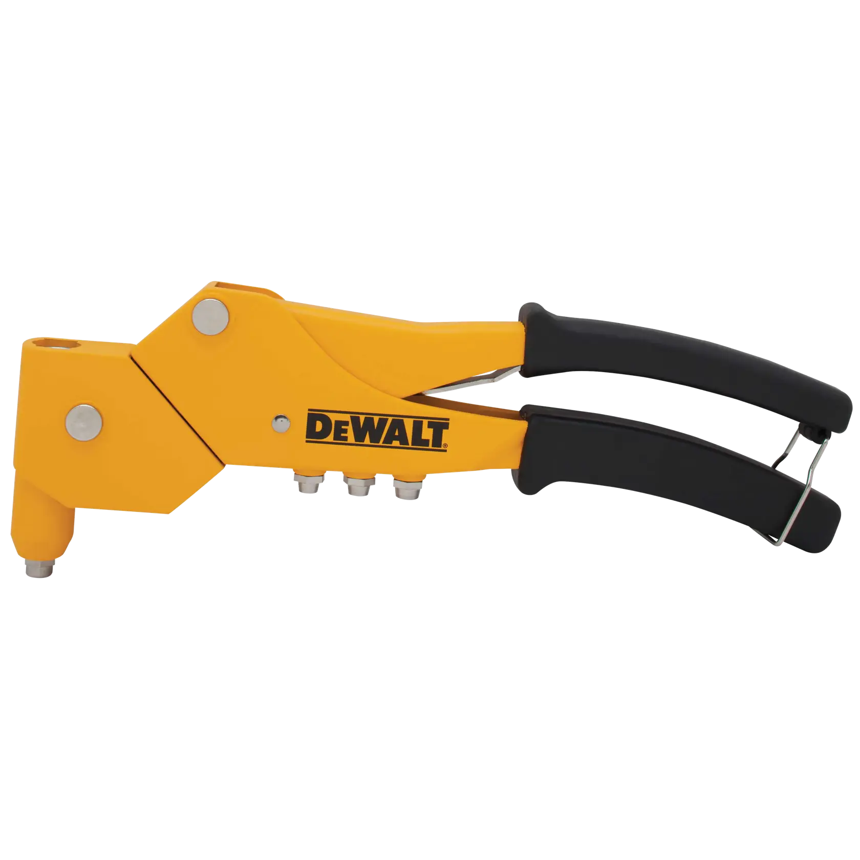 Yellow and black DEWALT hand rivet tool with ergonomic handles.