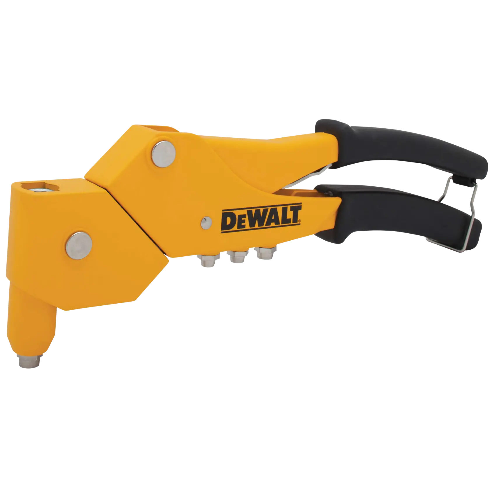 A yellow DEWALT hand rivet tool with black ergonomic handles and multiple rivet heads, designed for fastening materials together.