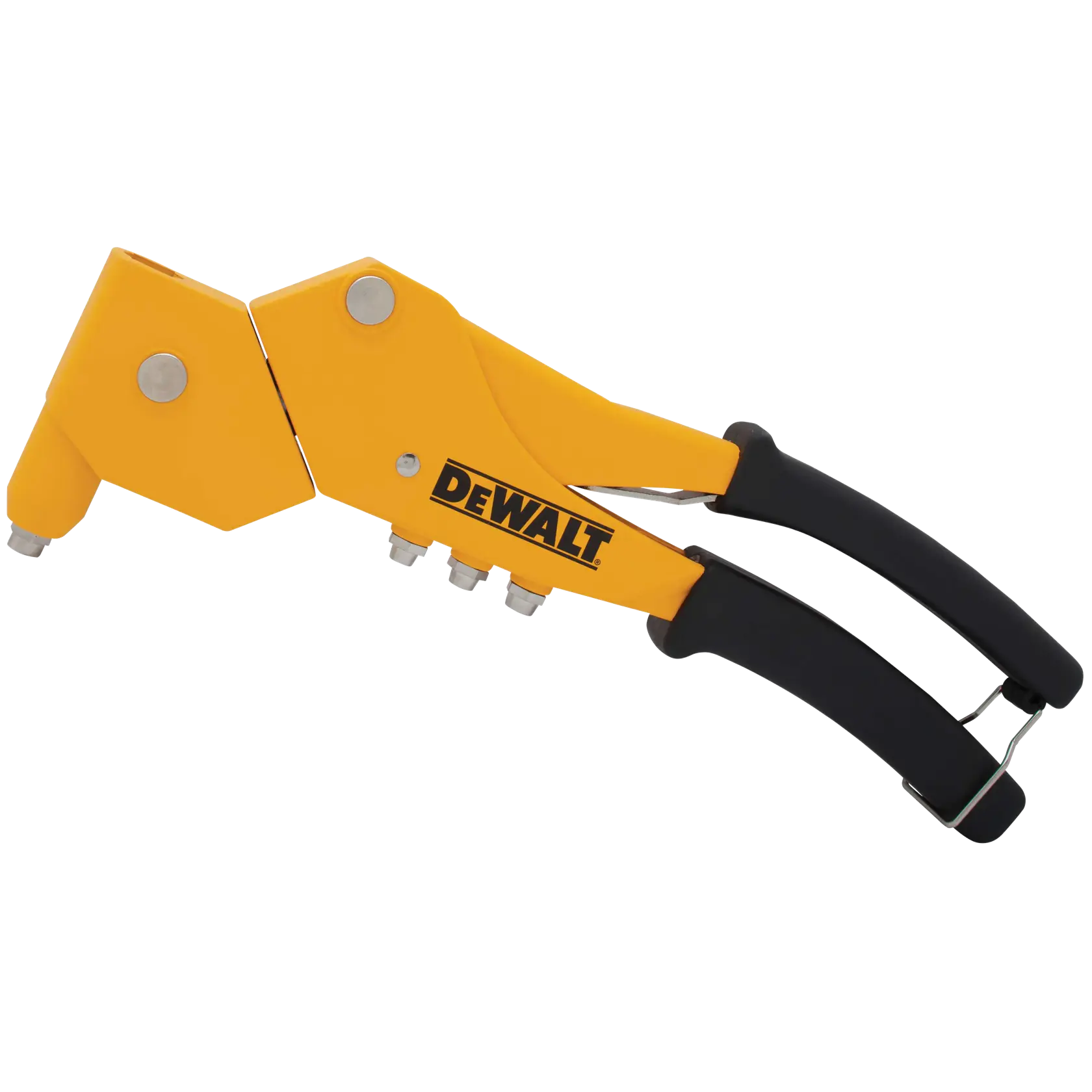 A yellow and black DEWALT hand rivet tool with an ergonomic handle, used for fastening rivets in various materials.