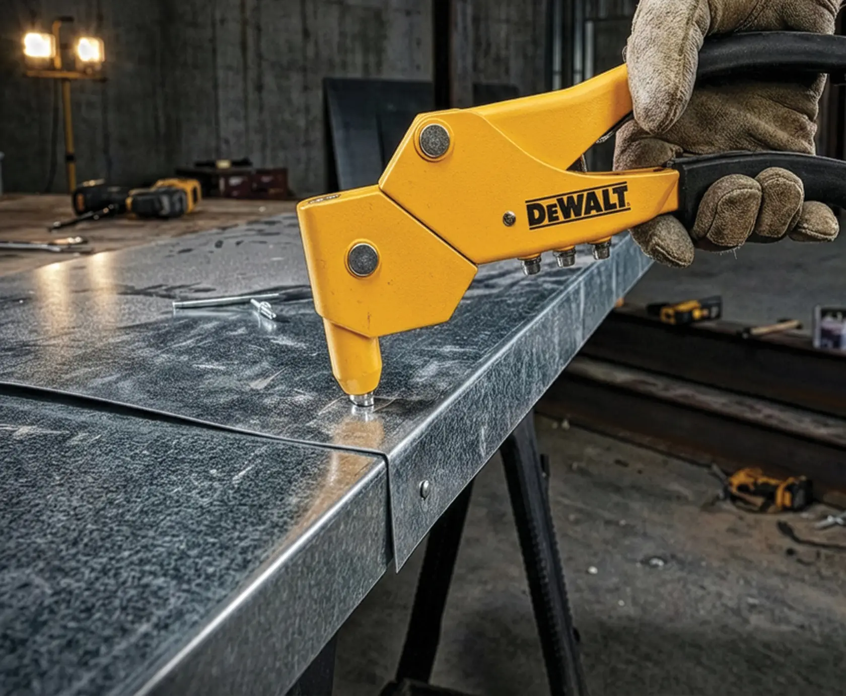 DEWALT rivet tool used on metal sheet in a workshop by a gloved hand. Other tools are visible in the background.