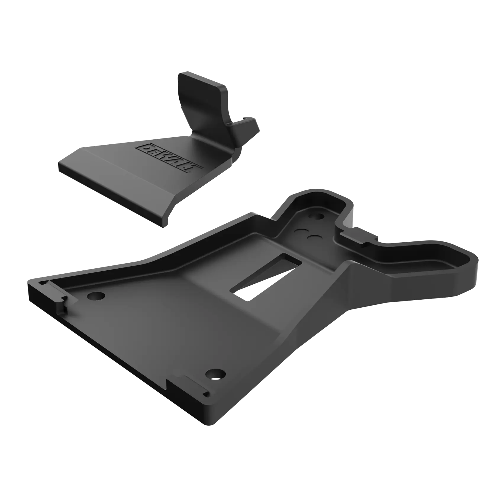 Two black plastic accessory parts for a DEWALT branded photography product, shown on a white background. One part is flat with angled edges and the other has a raised section, both likely designed for mounting or support.