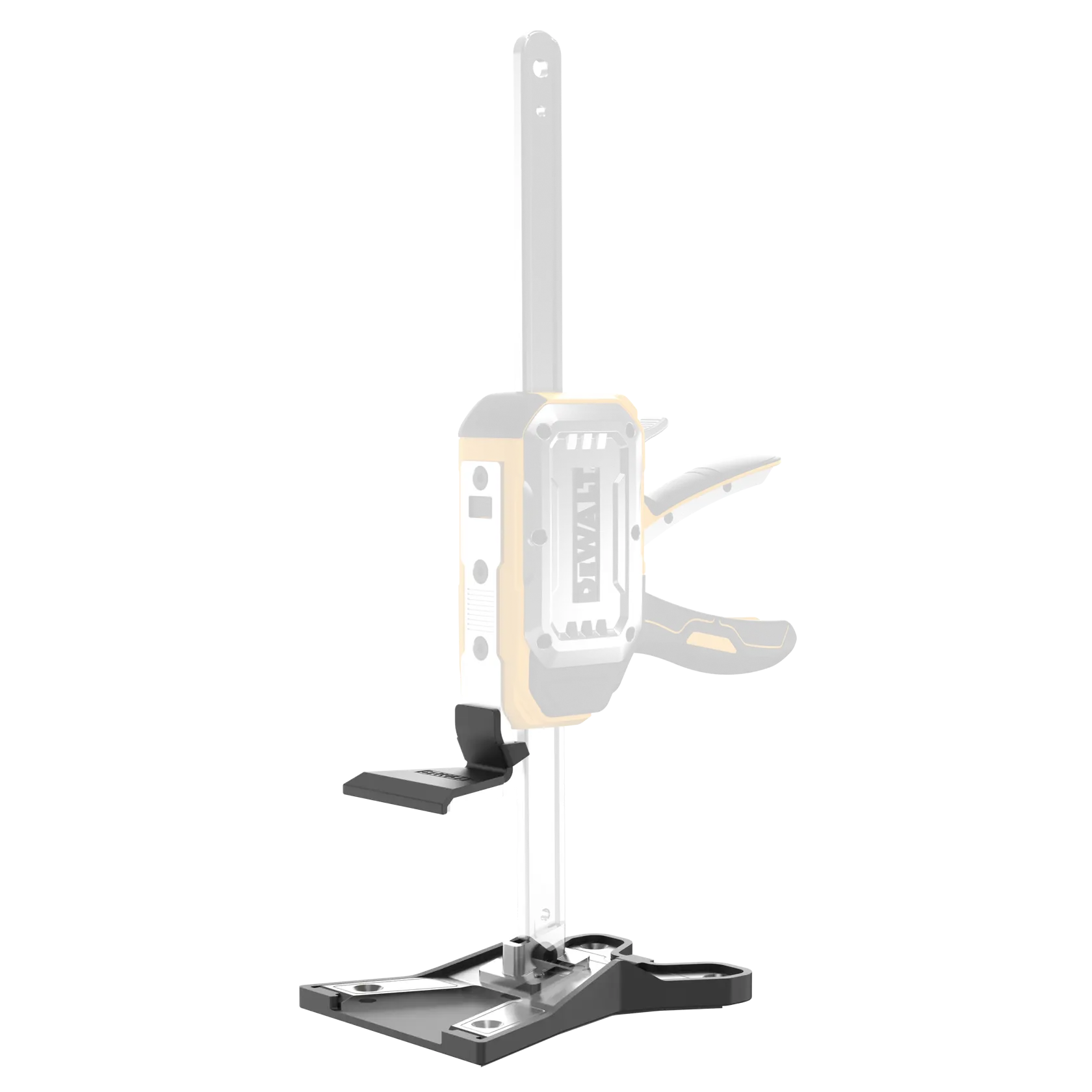 A DEWALT photography accessory stand with a black base and adjustable vertical support bar. The stand is designed to hold a tool or device, which appears partially transparent in the image for illustrative purposes.