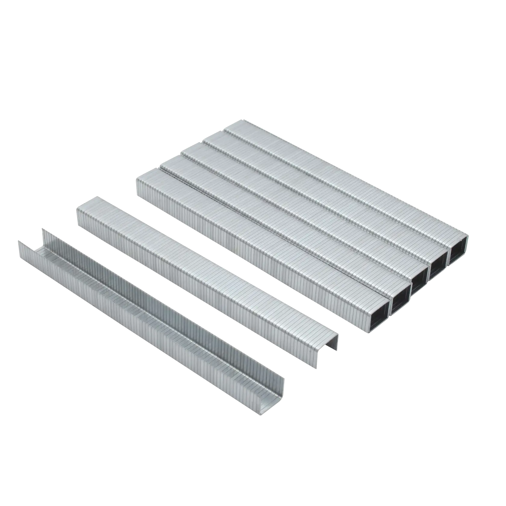 A set of metal staples arranged in rows, designed for use in a stapler. The staples are silver-colored and rectangular in shape.