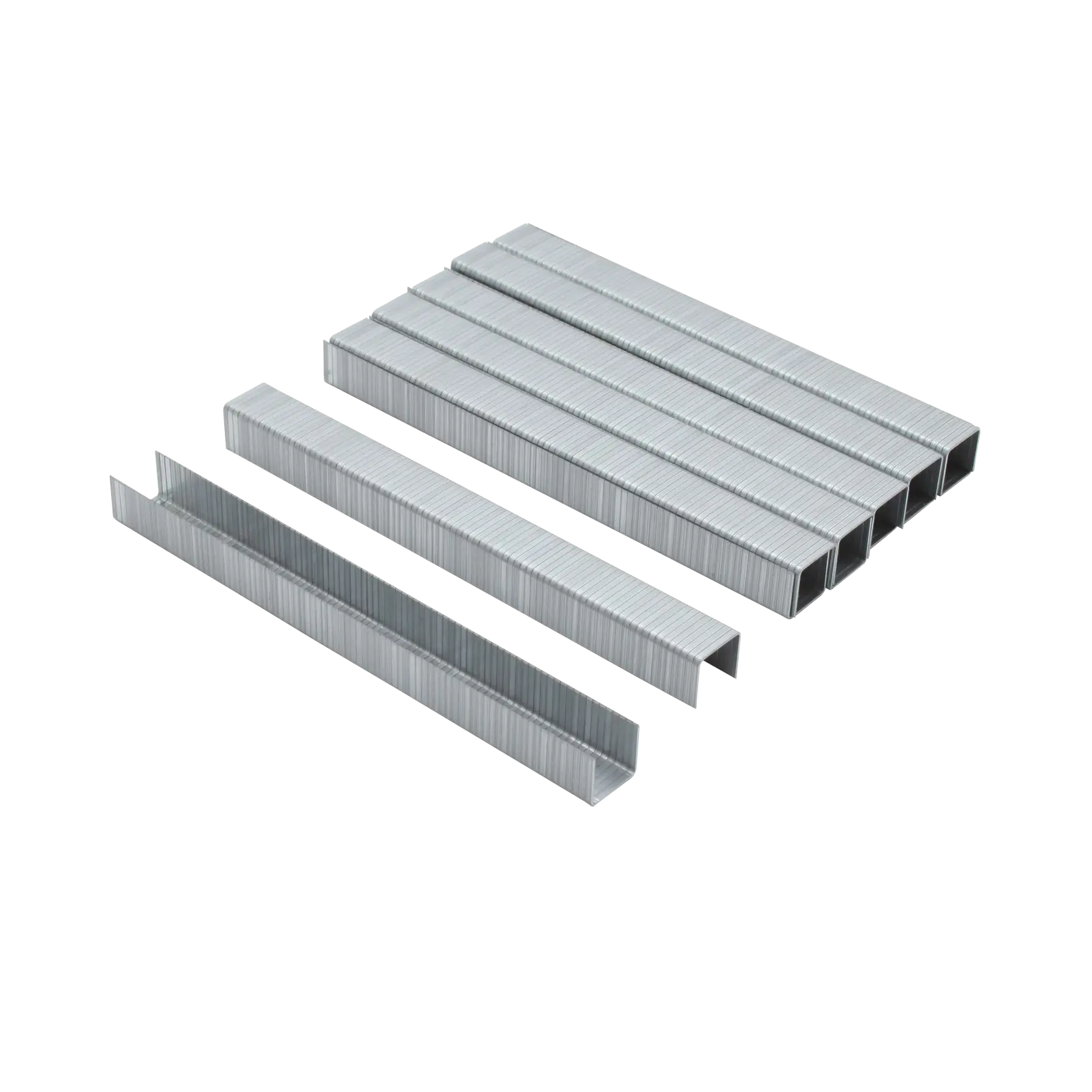 A set of silver metallic staples arranged in several neat rows, photographed on a white background.