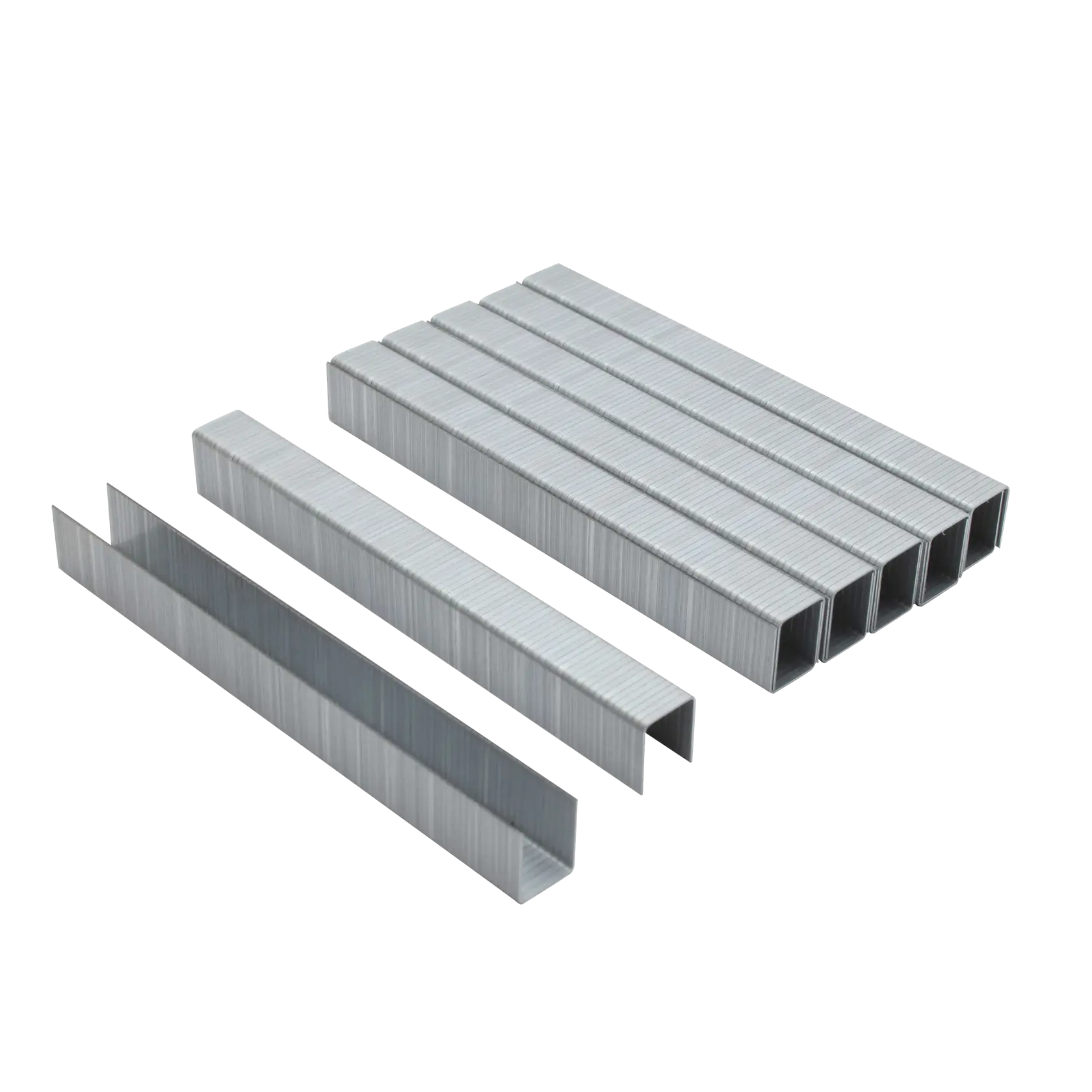 A set of silver-colored metal staples, shown in multiple strips. The staples are arranged in parallel lines on a white background.