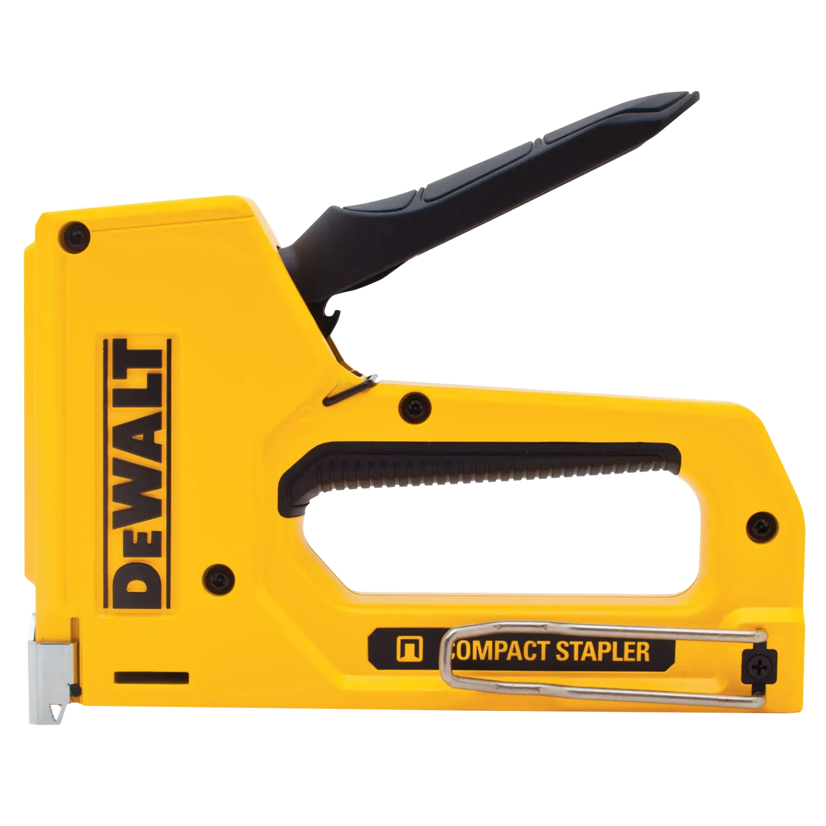 Yellow DEWALT compact stapler with a black handle and a label reading 'Compact Stapler' on the body.