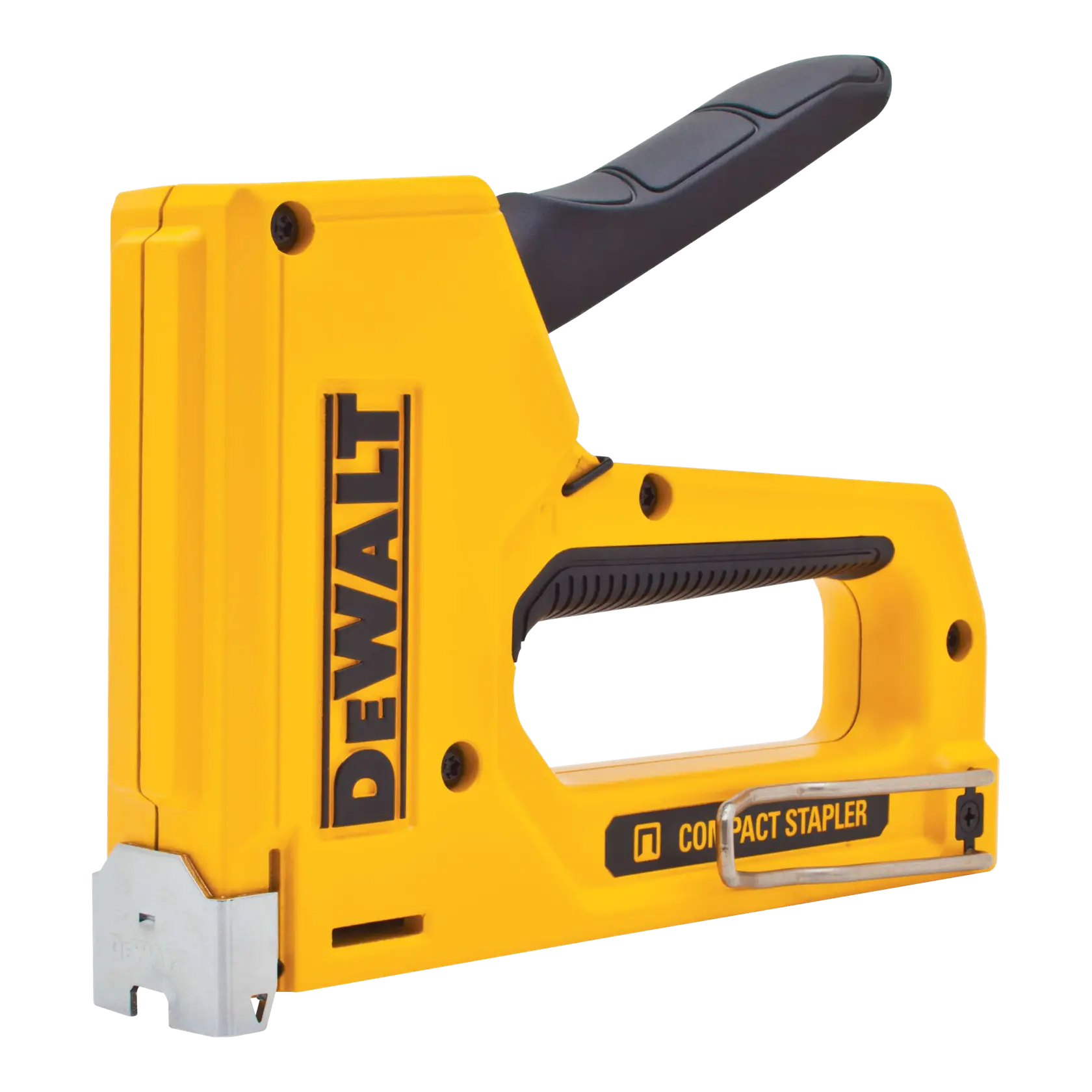 A yellow and black DEWALT compact stapler tool with ergonomic handle and visible branding.