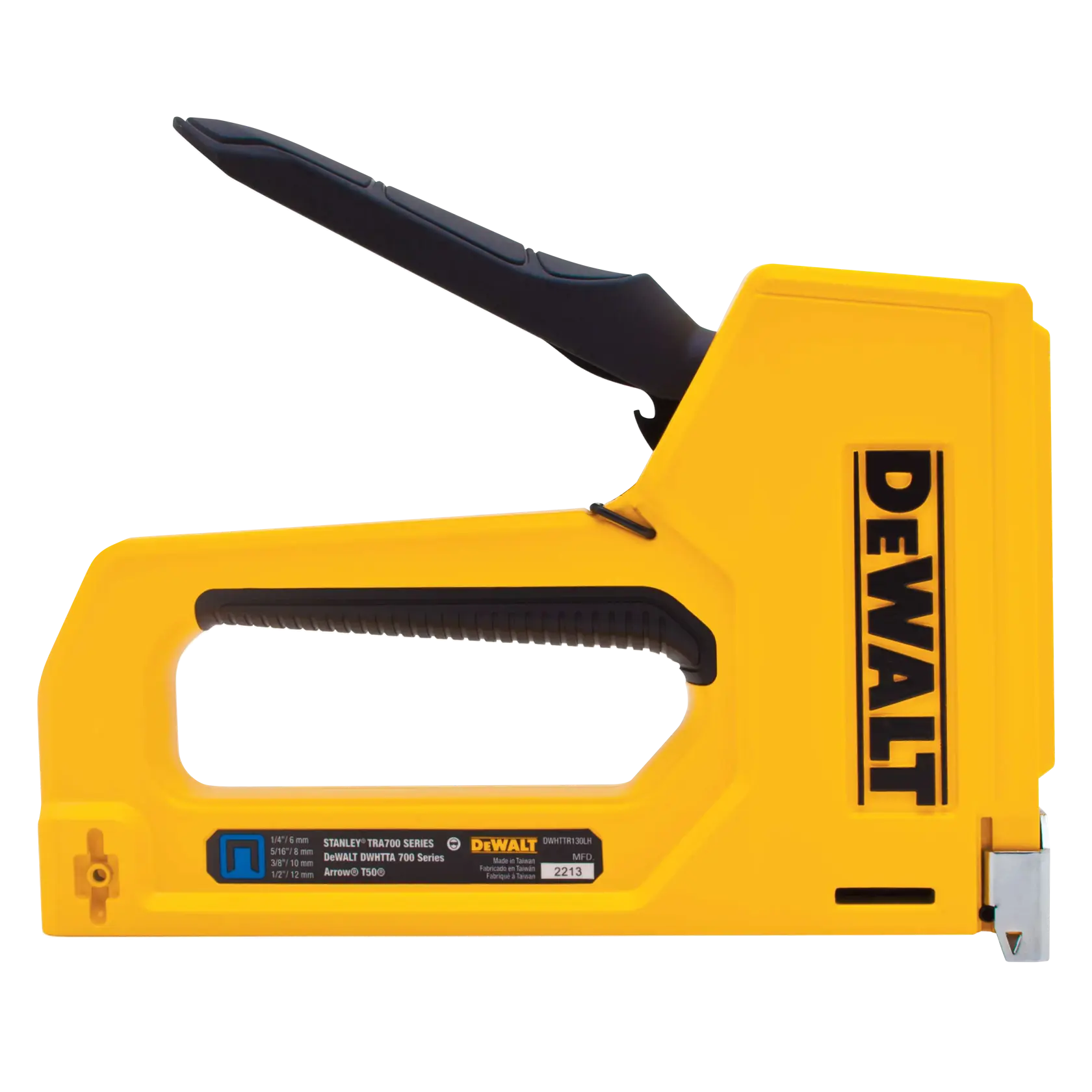 A yellow DEWALT hand-held staple gun with a black handle, used for fastening materials.