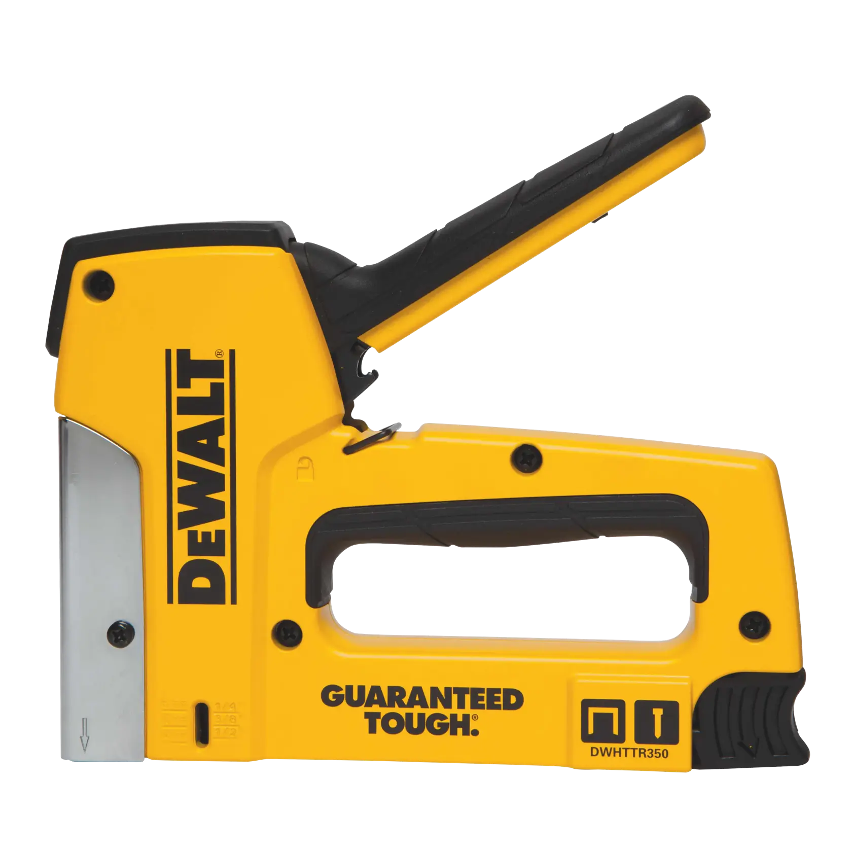 A yellow and black DEWALT heavy-duty staple gun, model DWHTTR350, with a large handle and 'GUARANTEED TOUGH' branding on the side.