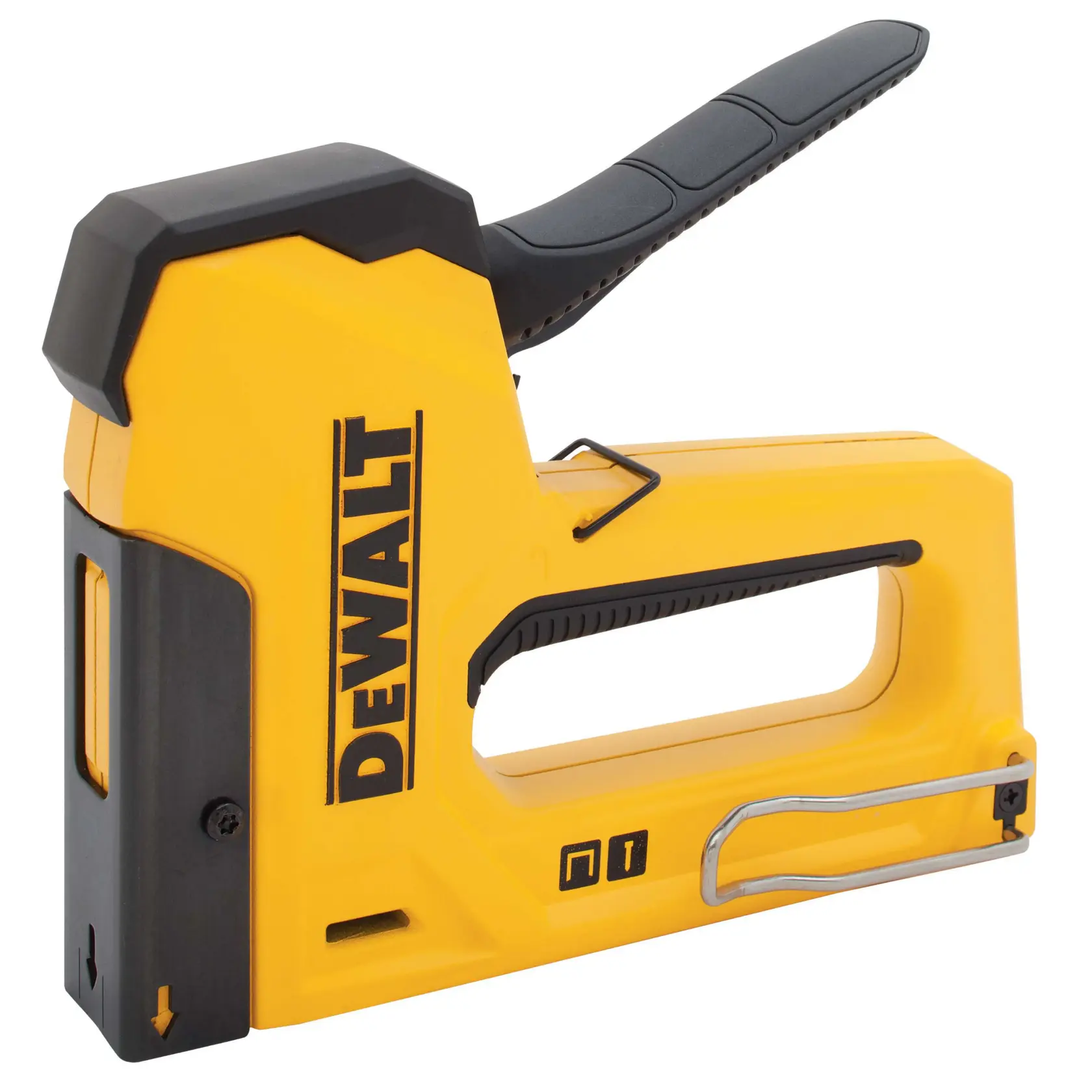 A yellow and black DEWALT heavy-duty staple gun, model DWHTTR350, with an ergonomic handle and a metal clip on the side.