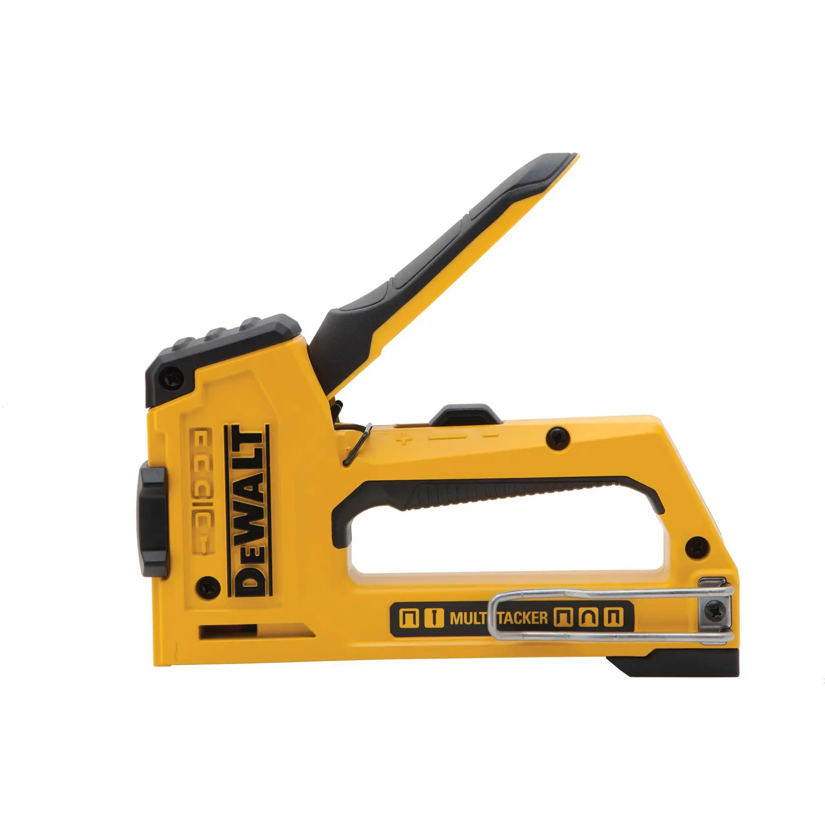 A yellow and black DEWALT manual staple and nail gun, model DWHTTR510, with ergonomic handle, used for fastening materials in photography and other applications.