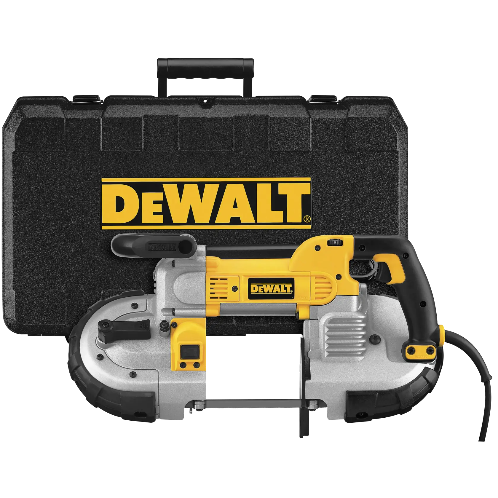 A DEWALT portable band saw with a yellow and black body, displayed in front of a hard carrying case with DEWALT branding.
