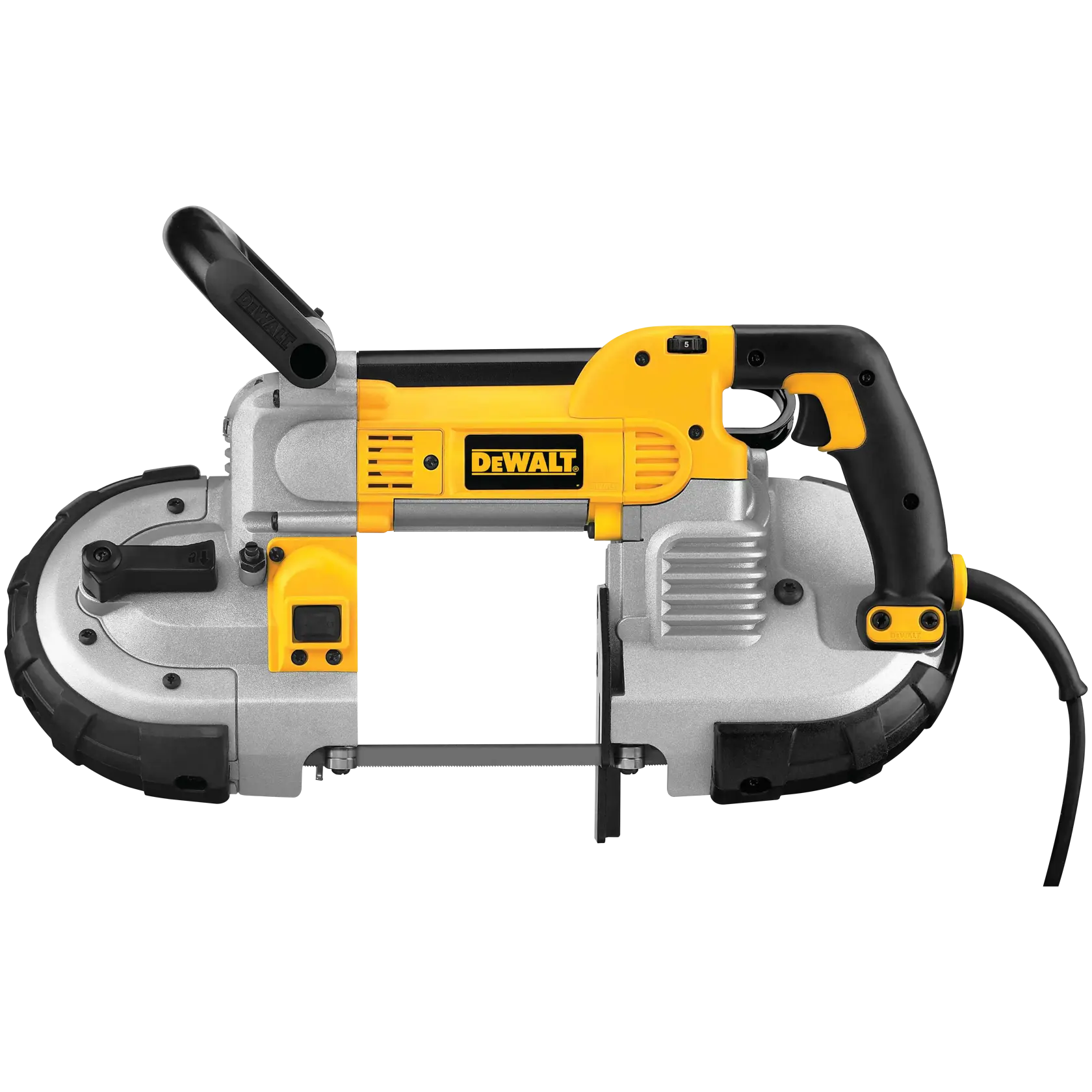 A DEWALT portable band saw with a yellow and black handle and metal housing, shown from the side with its power cord visible.