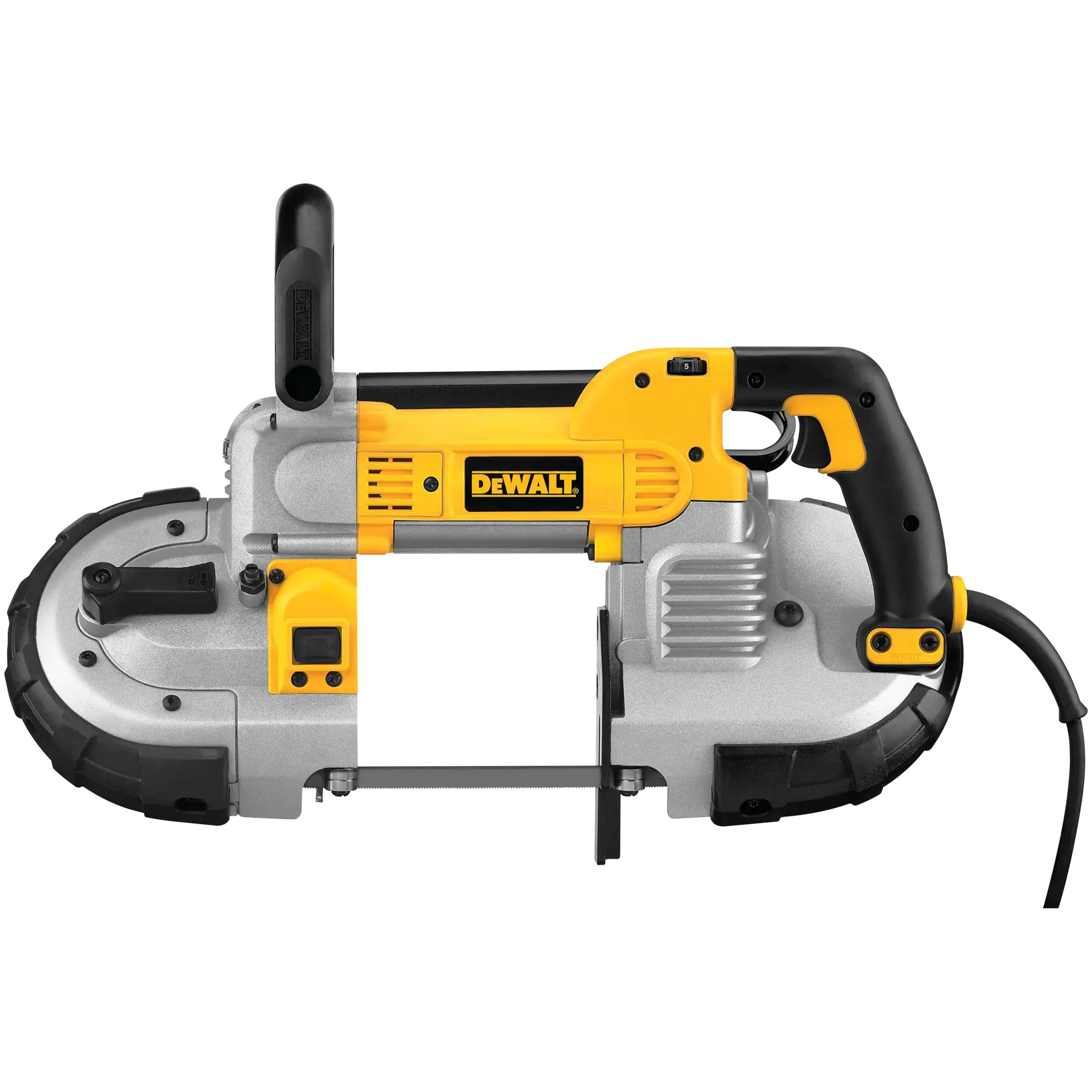 A DEWALT branded portable electric band saw featuring a yellow and black design, a rubber-coated handle, and a visible cutting blade. The tool is used for cutting metal and other materials and is shown against a white background.