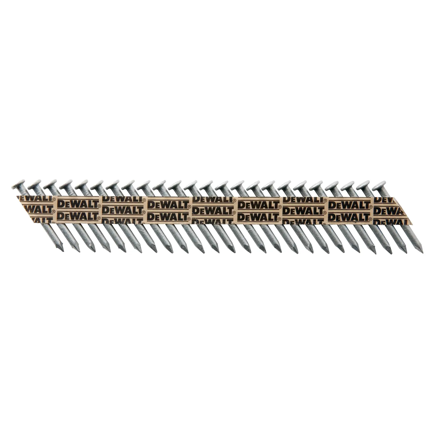 A strip of collated nails with paper tape, branded with DEWALT logos, suitable for use in nail guns.