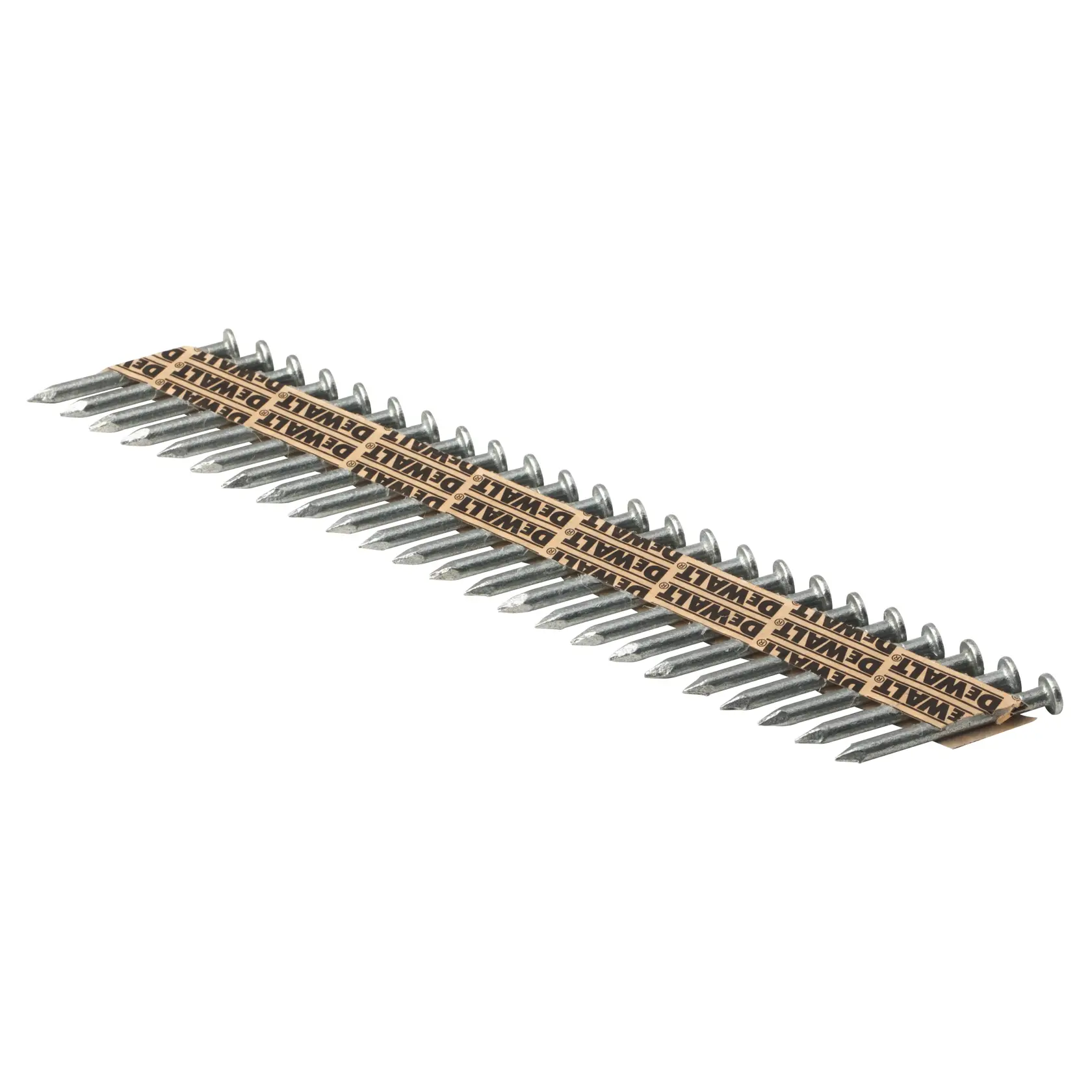 A strip of collated nails held together by a paper strip labeled DEWALT, designed for use in a nail gun.