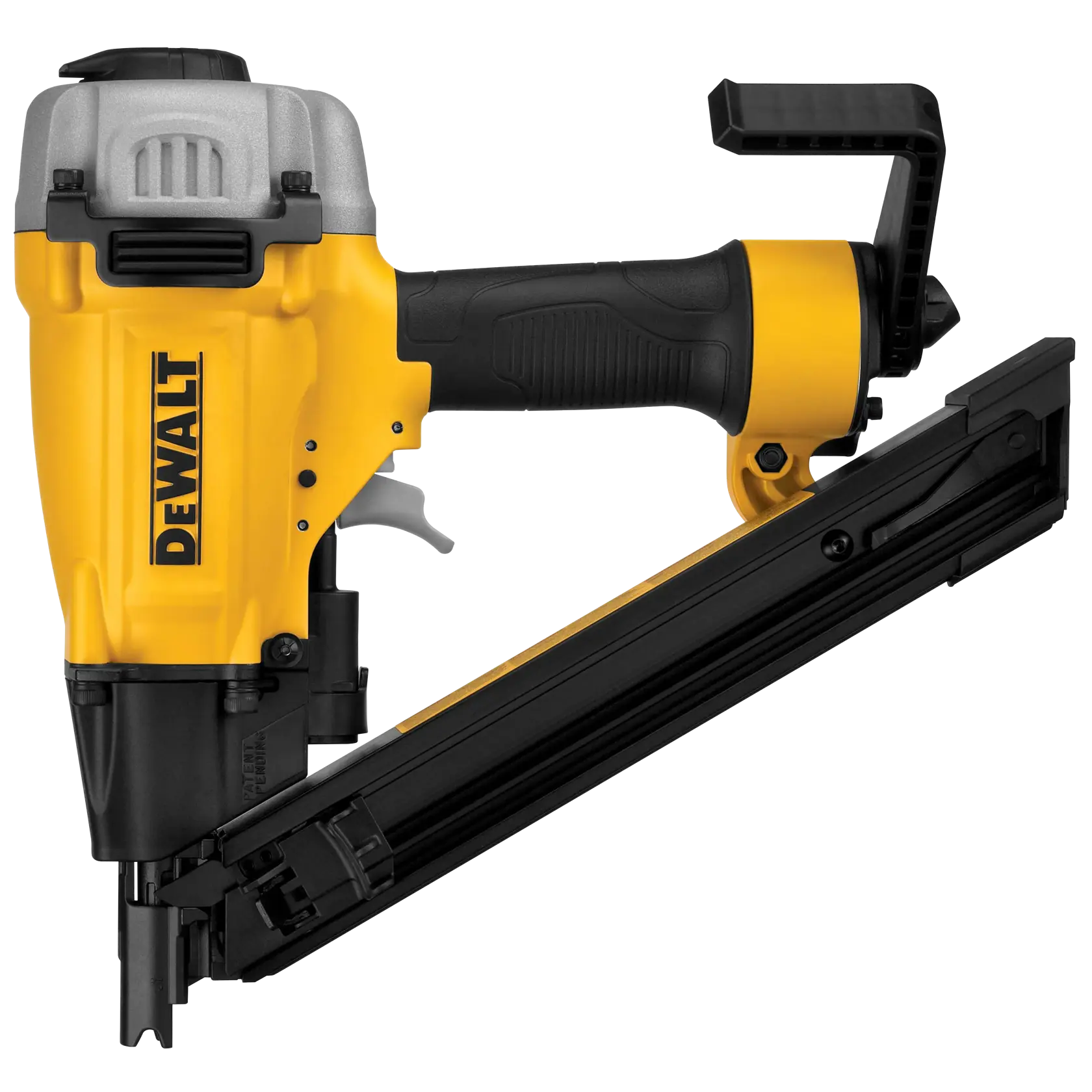 A DEWALT yellow and black nail gun with a side handle and angled magazine, designed for heavy-duty construction tasks.