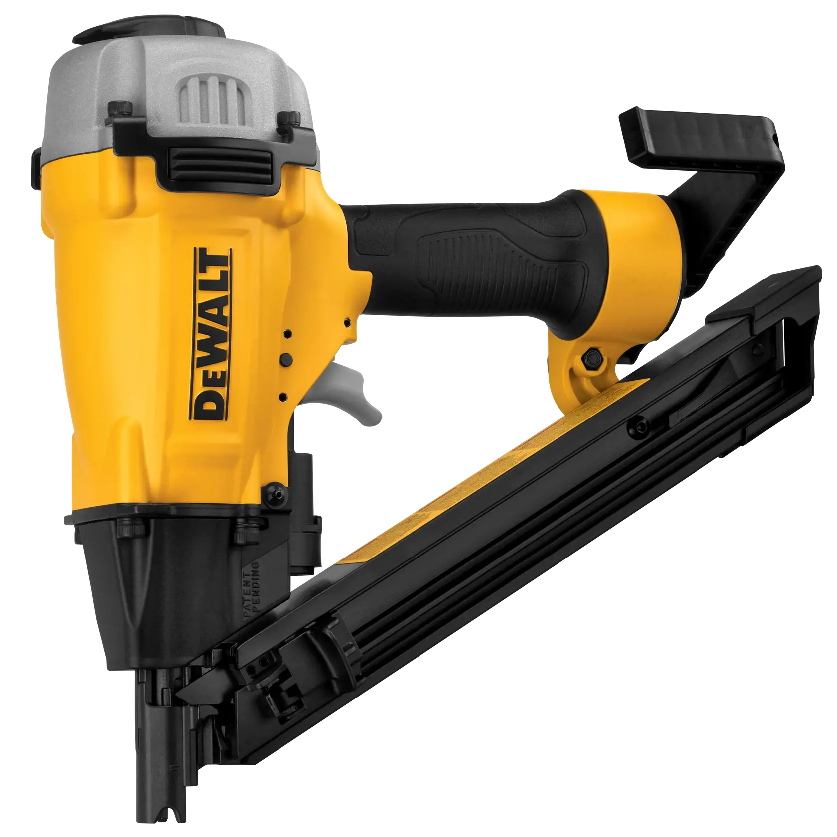 A yellow and black DEWALT pneumatic nail gun with an angled magazine, designed for construction and carpentry tasks.