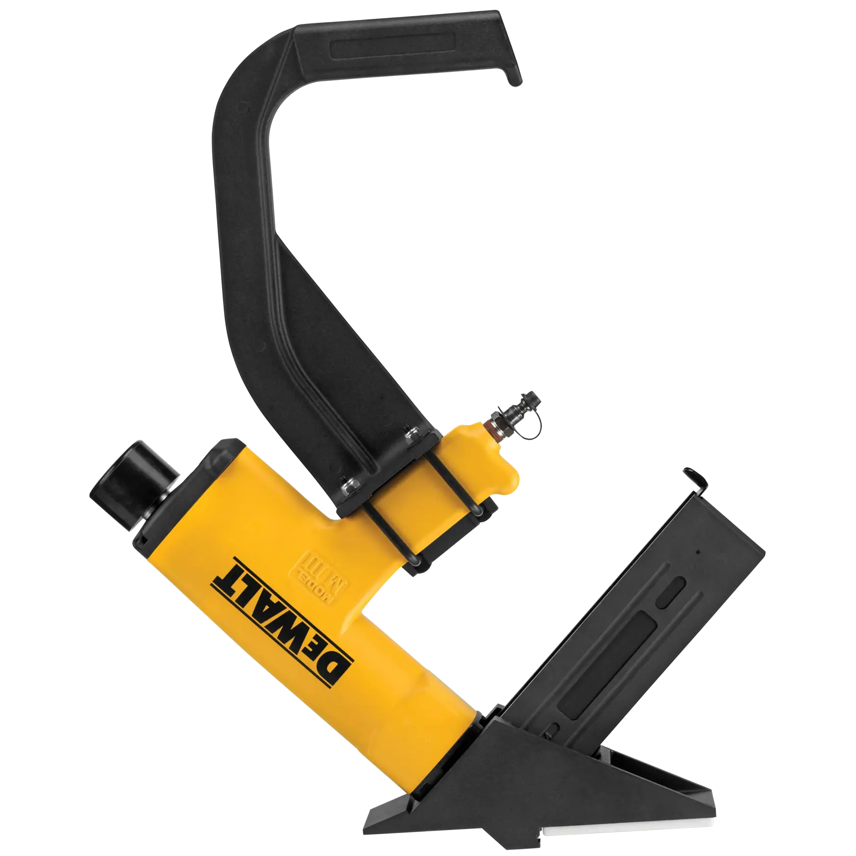 A DEWALT pneumatic flooring nailer with yellow and black body, designed for installing hardwood floors.