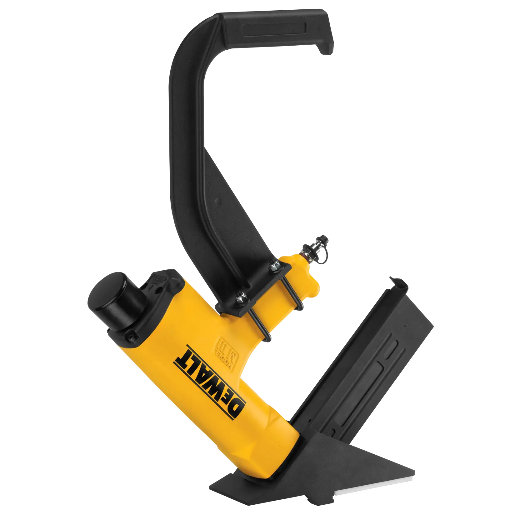 A DEWALT flooring nailer tool with a yellow body and black handle, designed for installing hardwood floors.