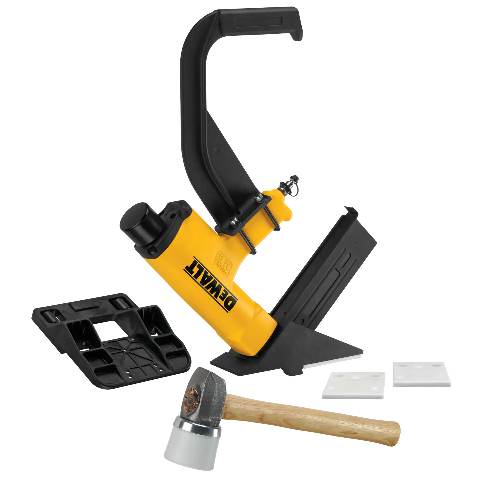 A DEWALT flooring nailer kit including a yellow and black flooring nailer tool, a mallet with a wooden handle and white head, two white plastic pads, and a black base plate, all arranged on a white background.