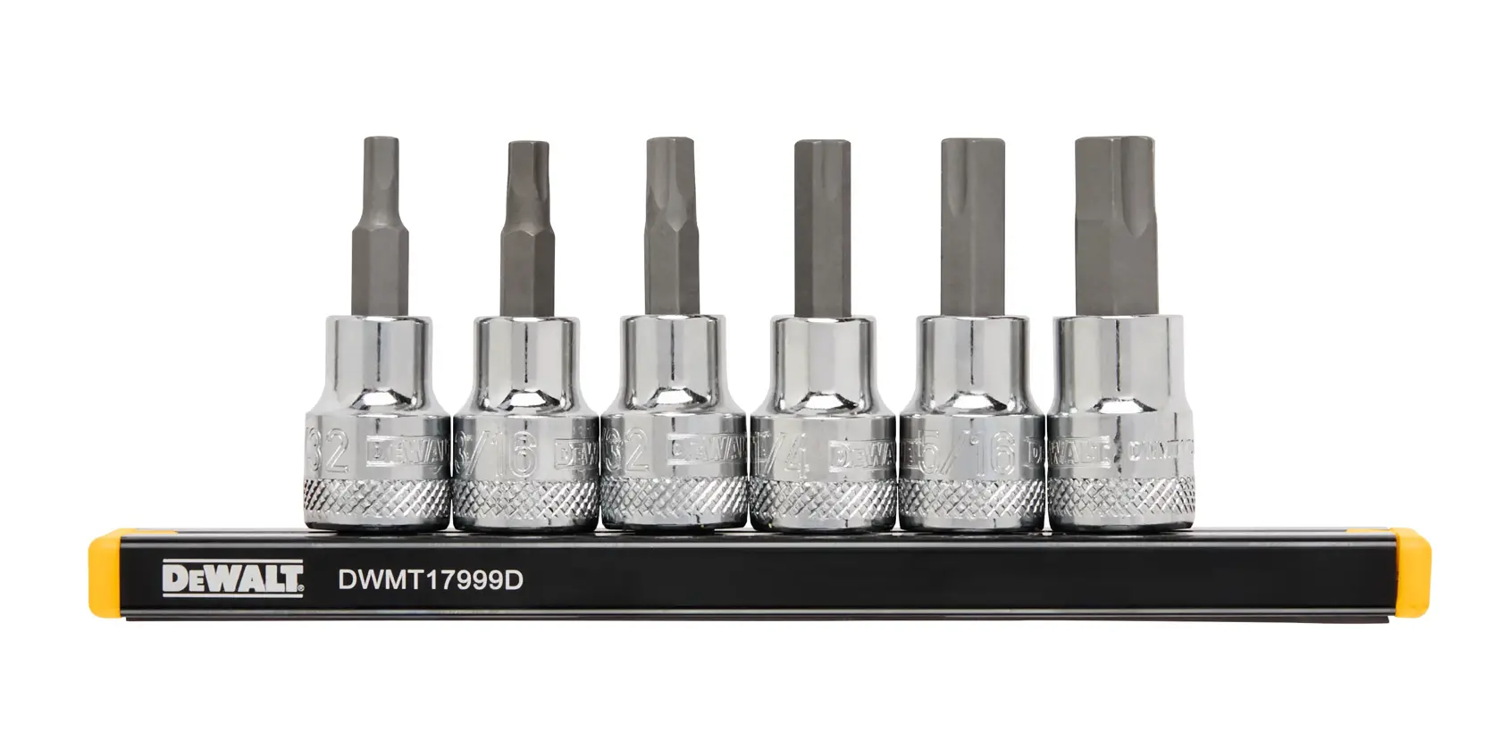 A set of six DEWALT hex bit sockets arranged on a black holder with yellow ends. The sockets are metal and labeled with different sizes. The holder has the DEWALT logo and the model number DWMT17999D.