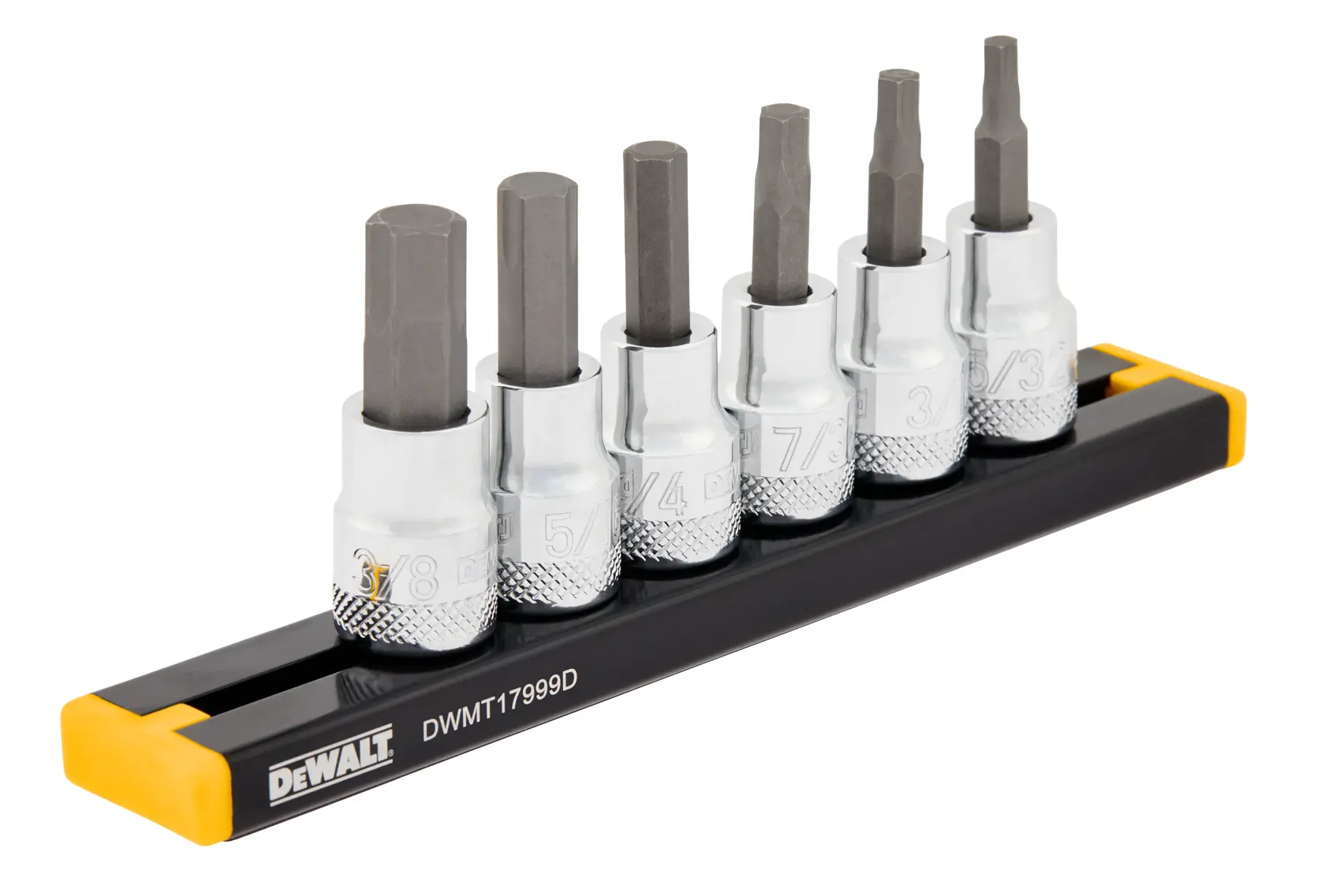A set of six DEWALT hex bit sockets with chrome finish, displayed on a black and yellow holder labeled DWMT17999D. Each socket is marked with its size and all are arranged in order.