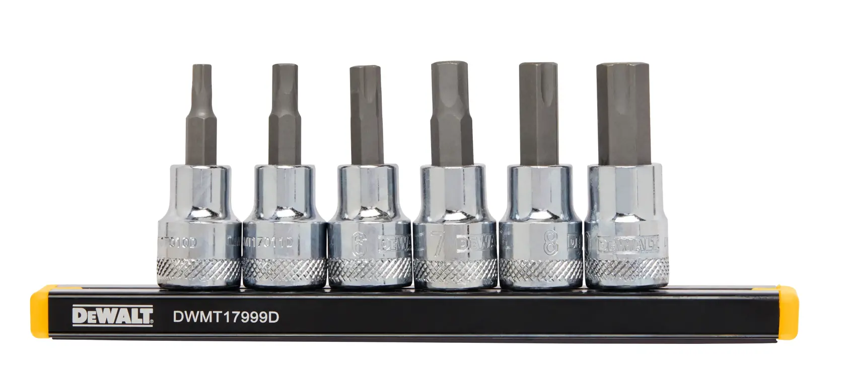 A set of six DEWALT hex bit sockets displayed on a black rail with yellow ends, labeled DWMT17999D. The sockets are organized in size order and have a chrome finish.