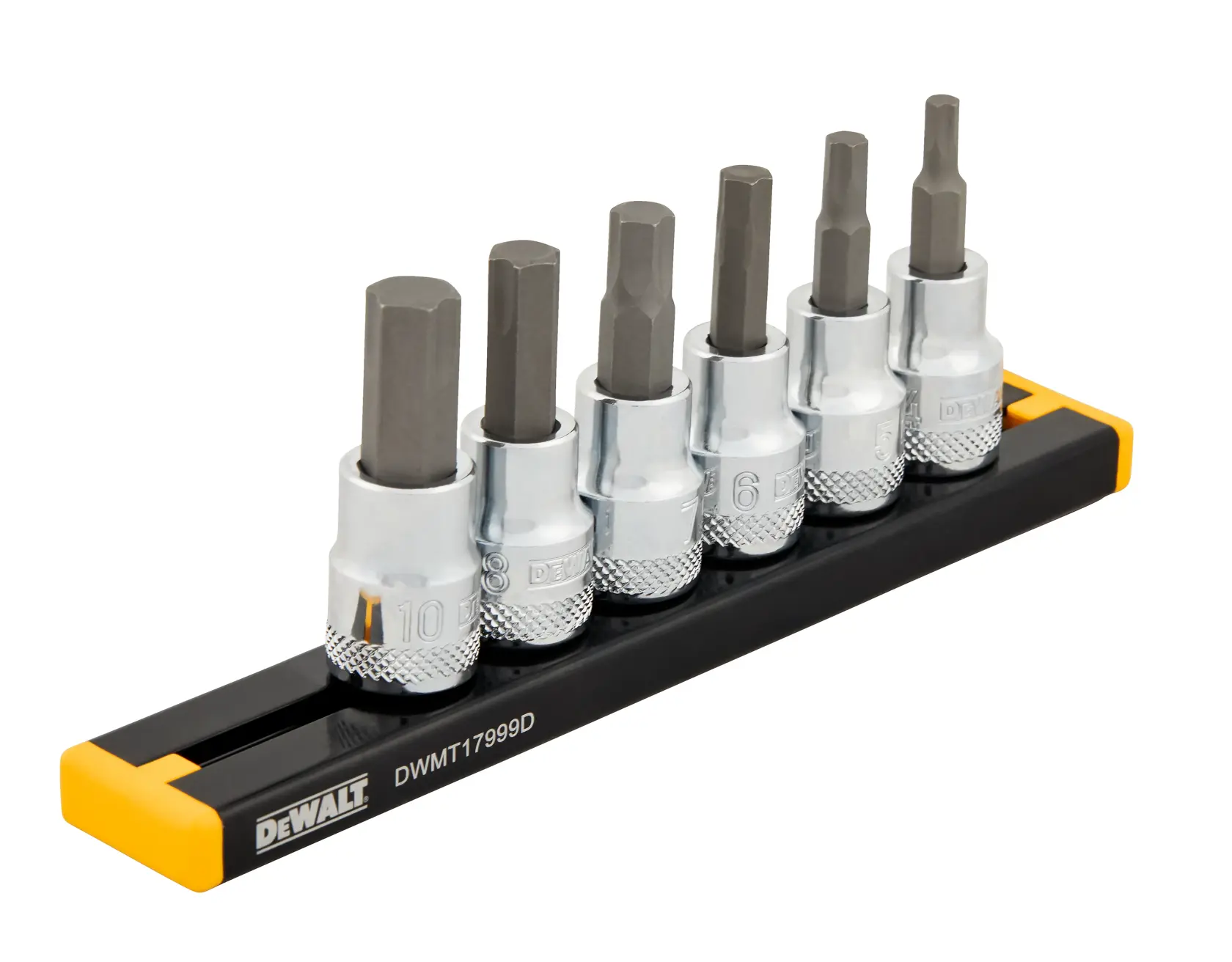 A set of six DEWALT hex bit sockets displayed on a black and yellow holder. The sockets are arranged in order by size and each has a metallic finish.