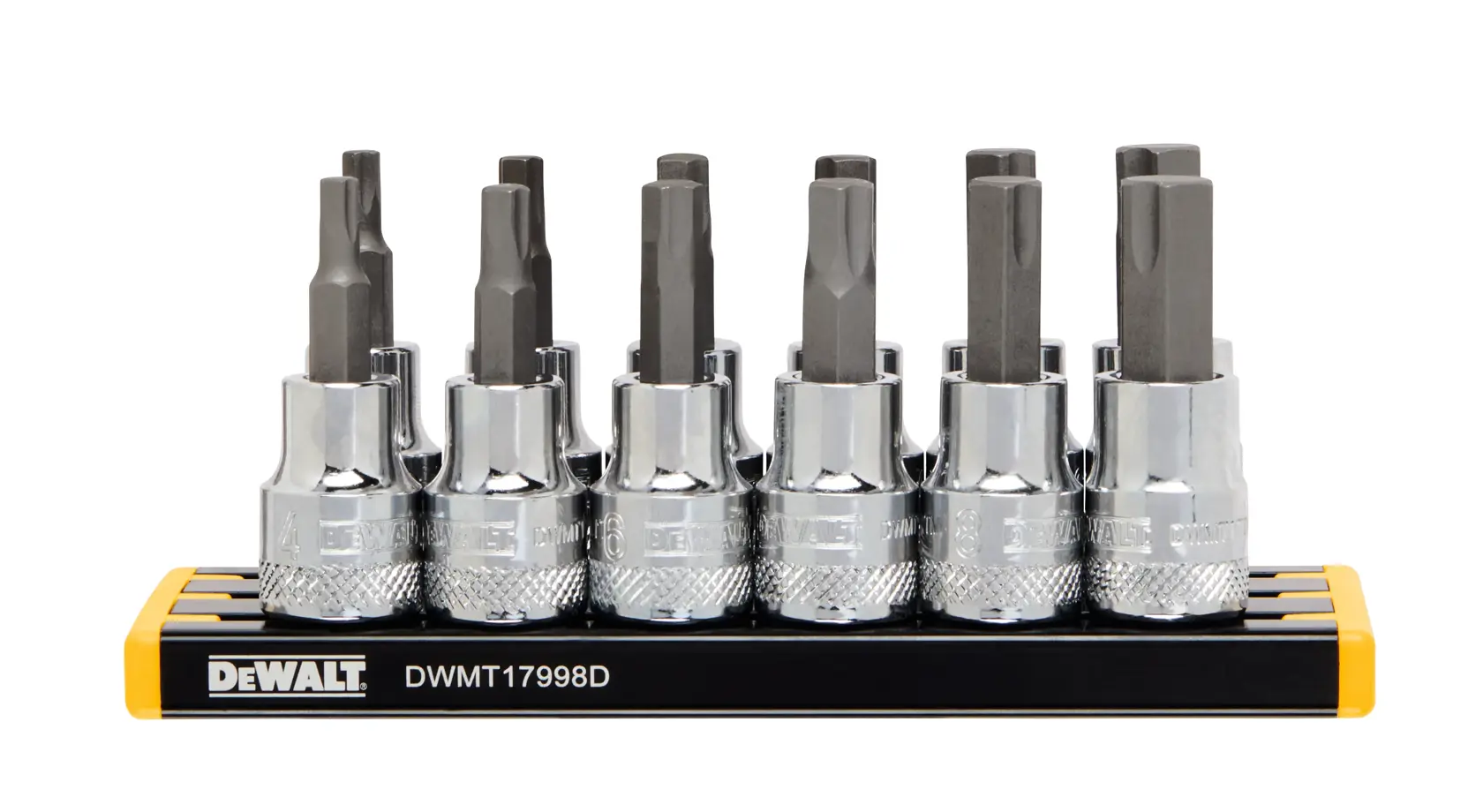 A set of seven DEWALT hex bit sockets displayed upright on a black and yellow holder, with the brand logo and product code DWMT17998D visible.
