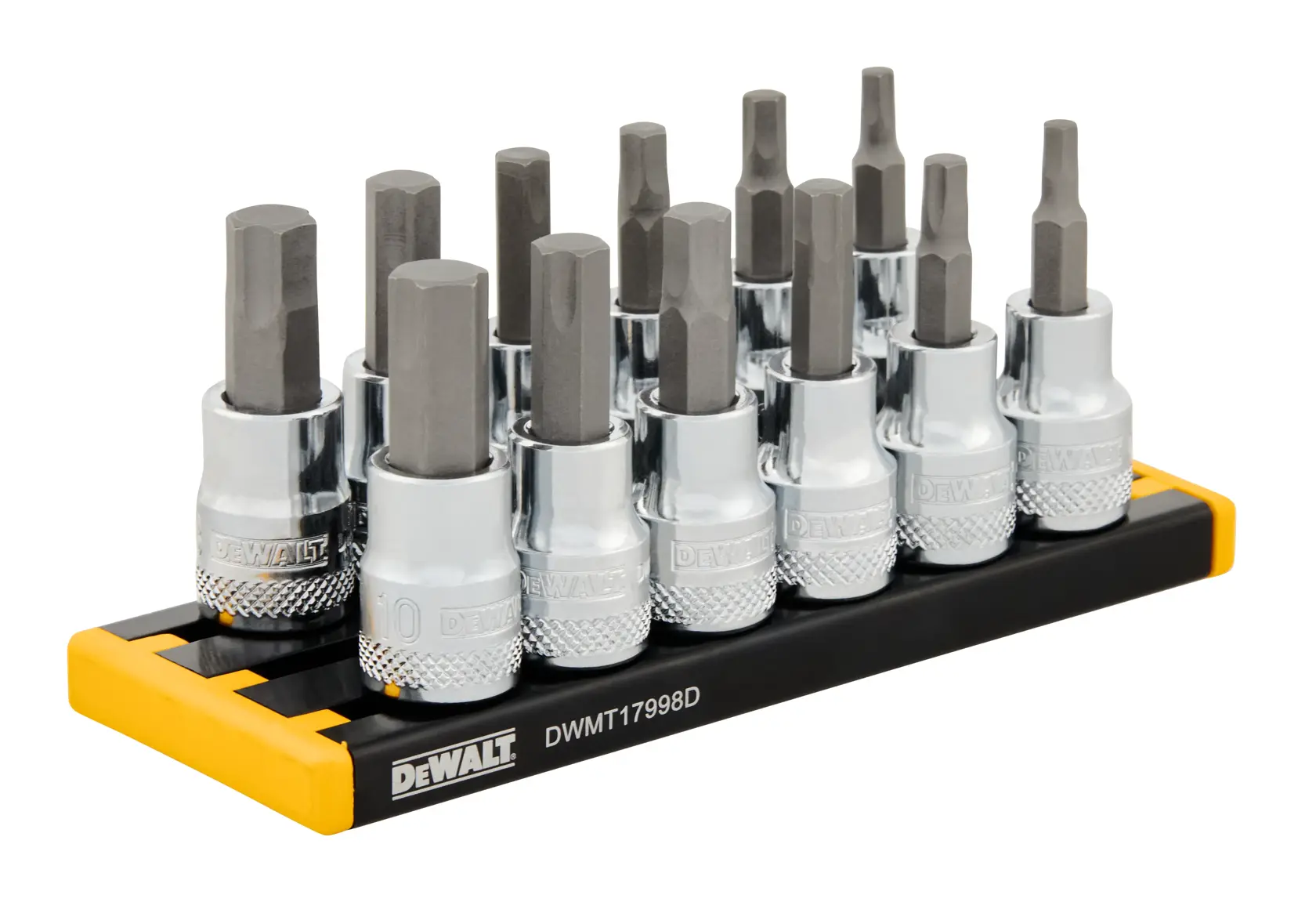 A set of DEWALT hex bit sockets arranged in a black and yellow holder, with multiple sizes visible. The sockets are organized in two rows, and the model number DWMT17998D is printed on the holder.