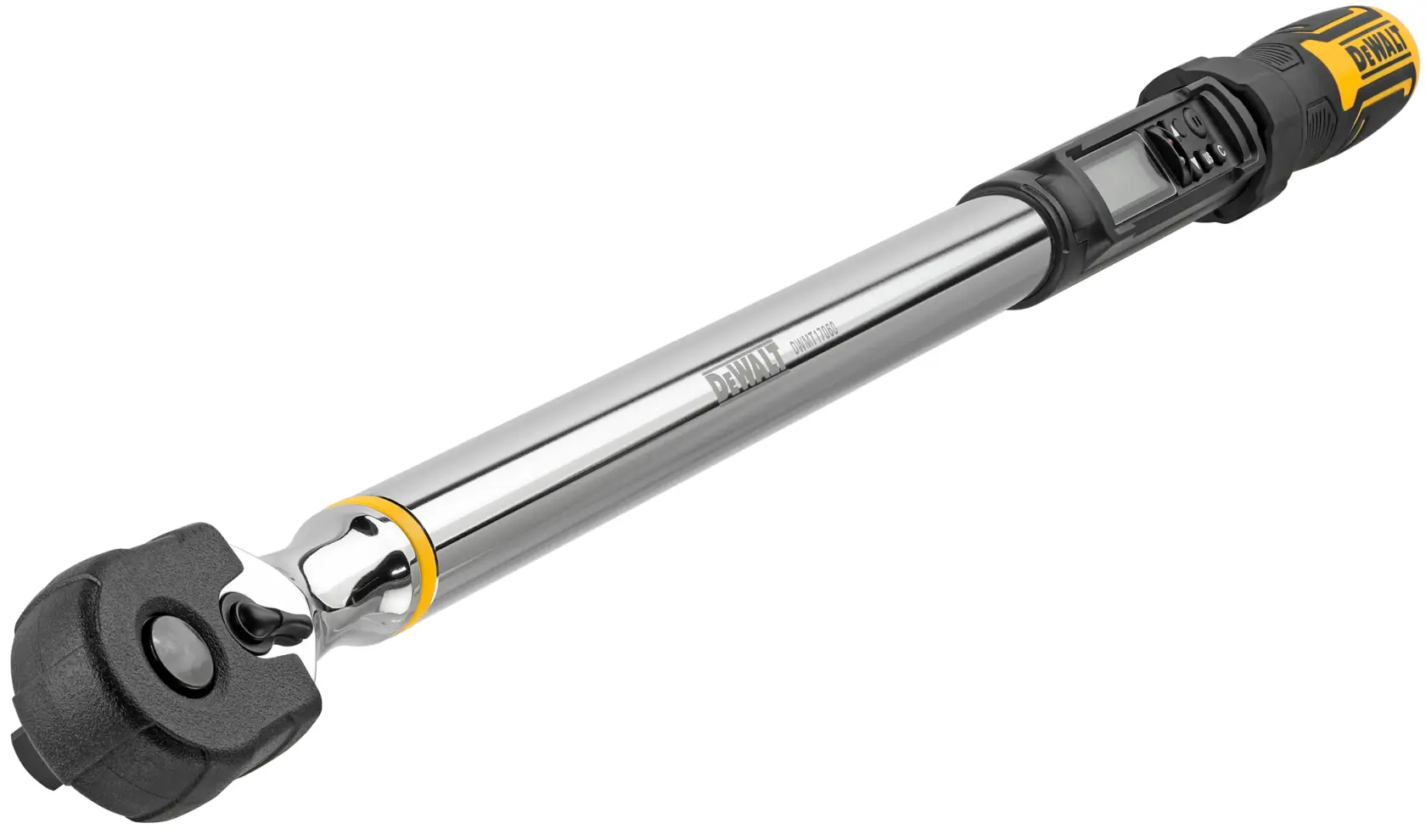 A DEWALT digital torque wrench with a chrome finish and a black and yellow handle, featuring a digital display.